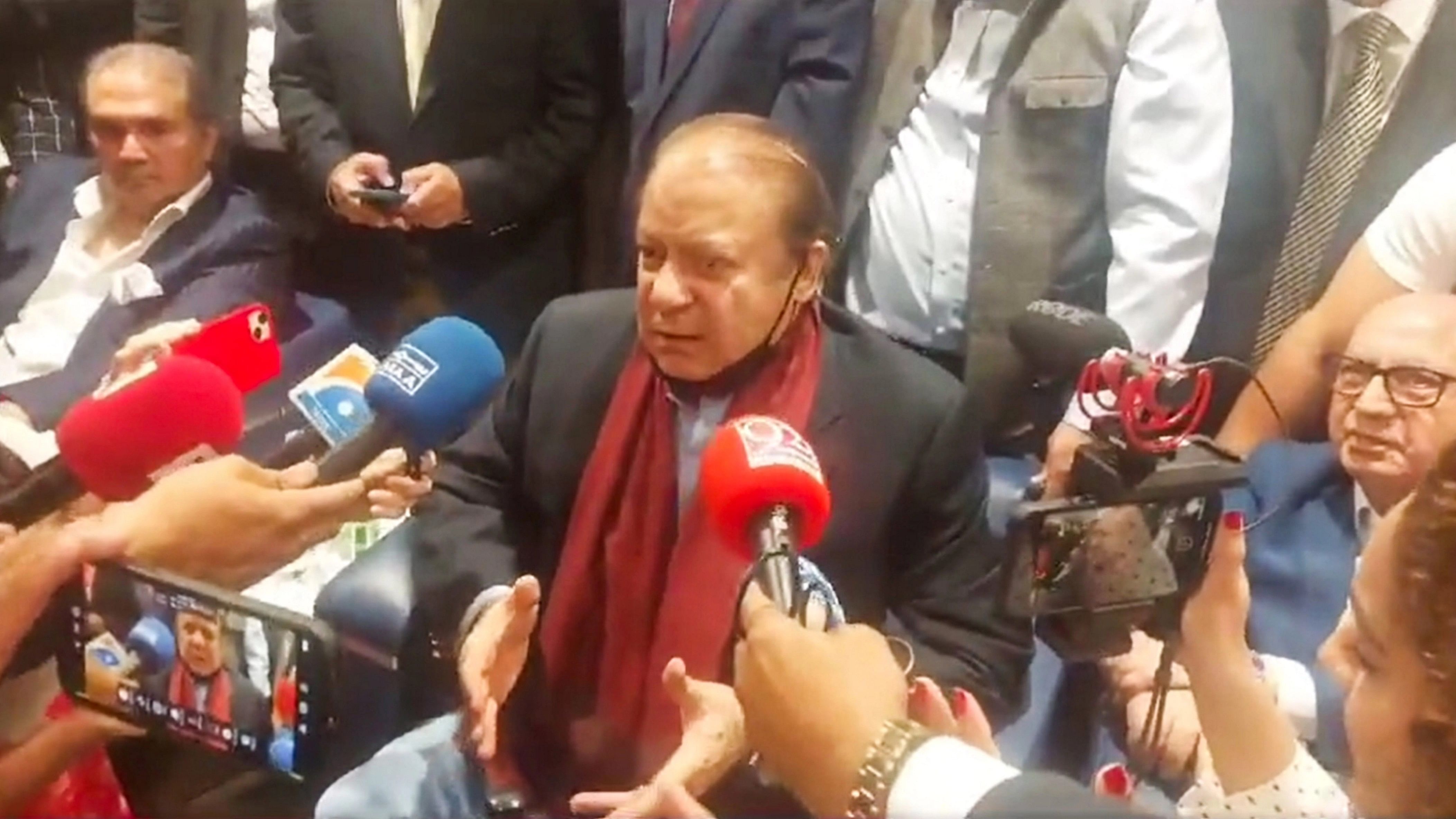 <div class="paragraphs"><p>Pakistan Muslim League-Nawaz (PML-N) supremo Nawaz Sharif addresses the media ahead of his return to Pakistan after four years, at Dubai airport.</p></div>