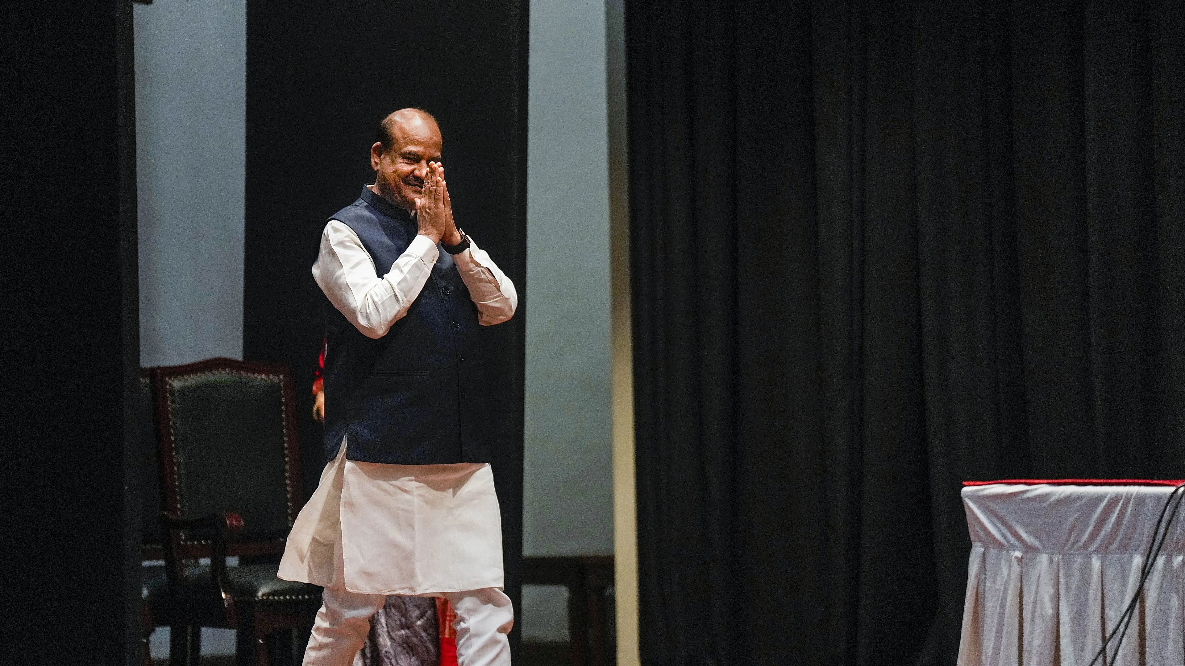 <div class="paragraphs"><p> Lok Sabha Speaker Om Birla arrives to brief the press on the 9th G20 Parliamentary Speakers Summit (P20) at the Parliament House complex, in New Delhi, Friday, Oct. 6, 2023. </p></div>