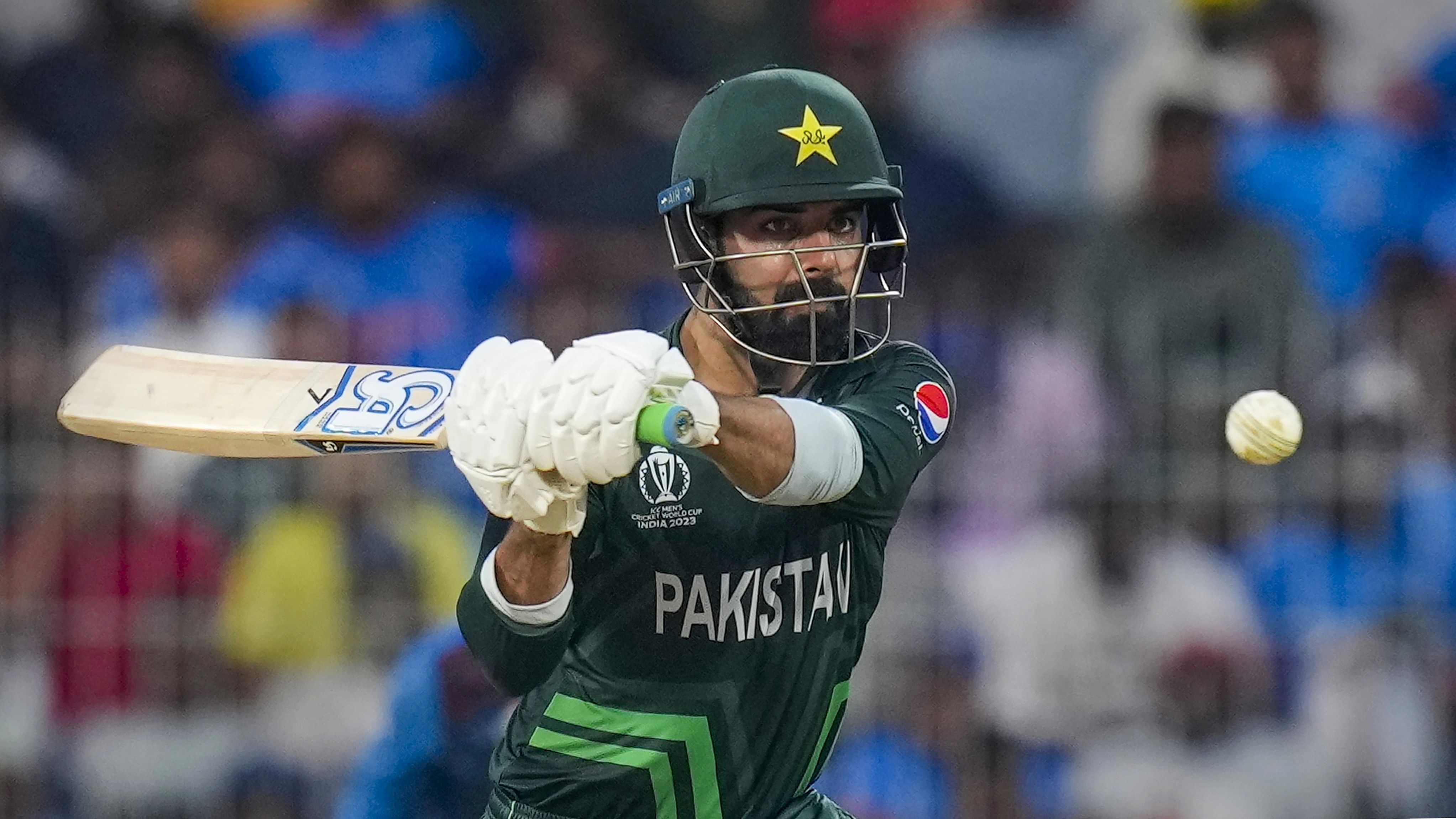 <div class="paragraphs"><p>Pakistan's Shadab Khan plays a shot during the ICC Men's Cricket World Cup 2023 match between Pakistan and Afghanistan, at MA Chidambaram Stadium, in Chennai, Monday, Oct. 23, 2023. </p></div>