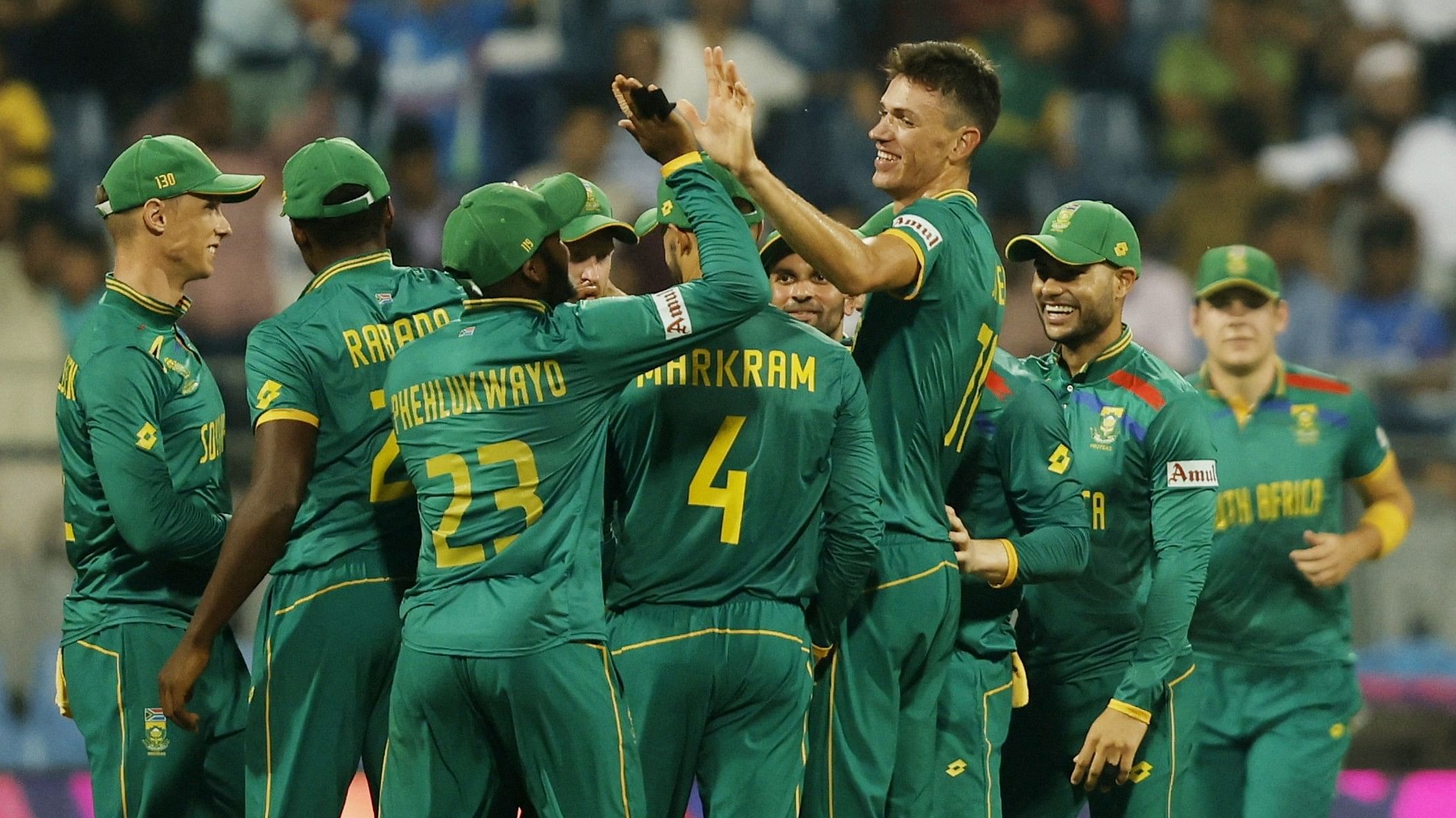 <div class="paragraphs"><p> South Africa's Marco Jansen celebrates with teammates after taking two wickets off two deliveries to dismiss Tanzid Hasan and Najmul Shanto at the&nbsp;Wankhede Stadium, Mumbai.&nbsp;</p></div>