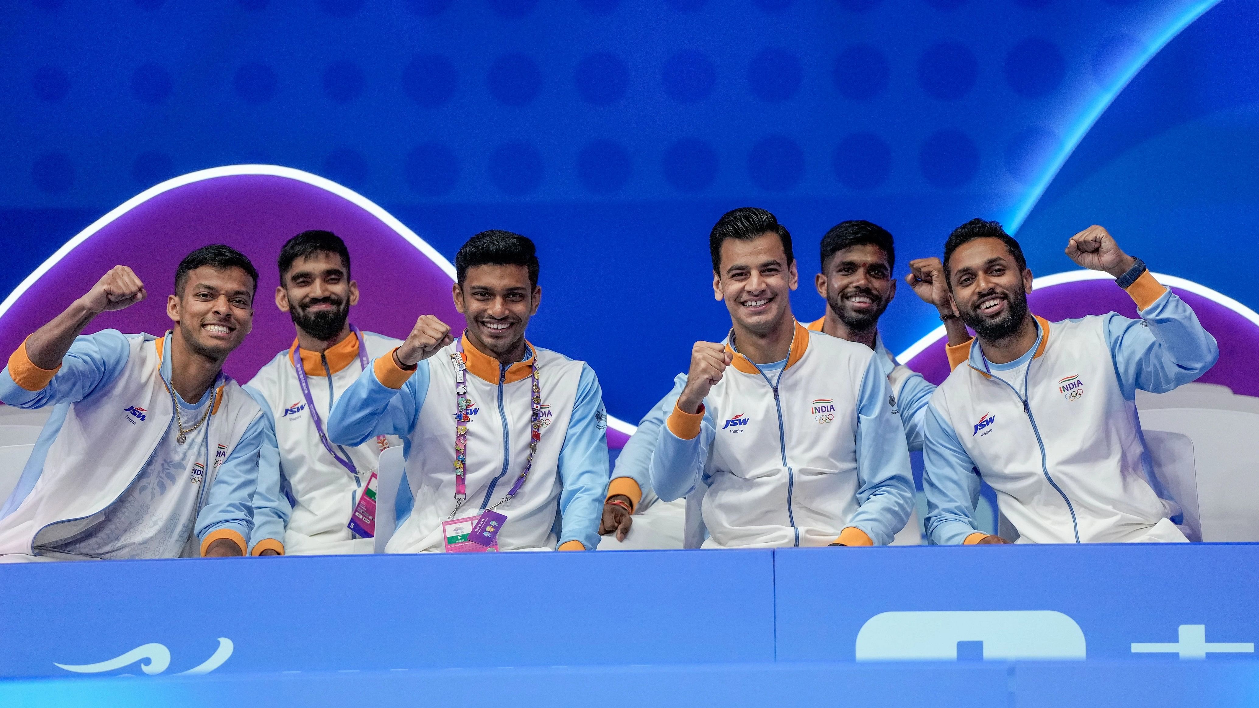 <div class="paragraphs"><p>Indian badminton players Satwiksairaj Rankireddy, Kidambi Srikanth, Rohan Kapoor, Chirag Shetty, Arjun Madathil Ramachandran and HS Prannoy pose for a group photo before the Mens Team Gold Medal badminton match against China at the 19th Asian Games.</p></div>