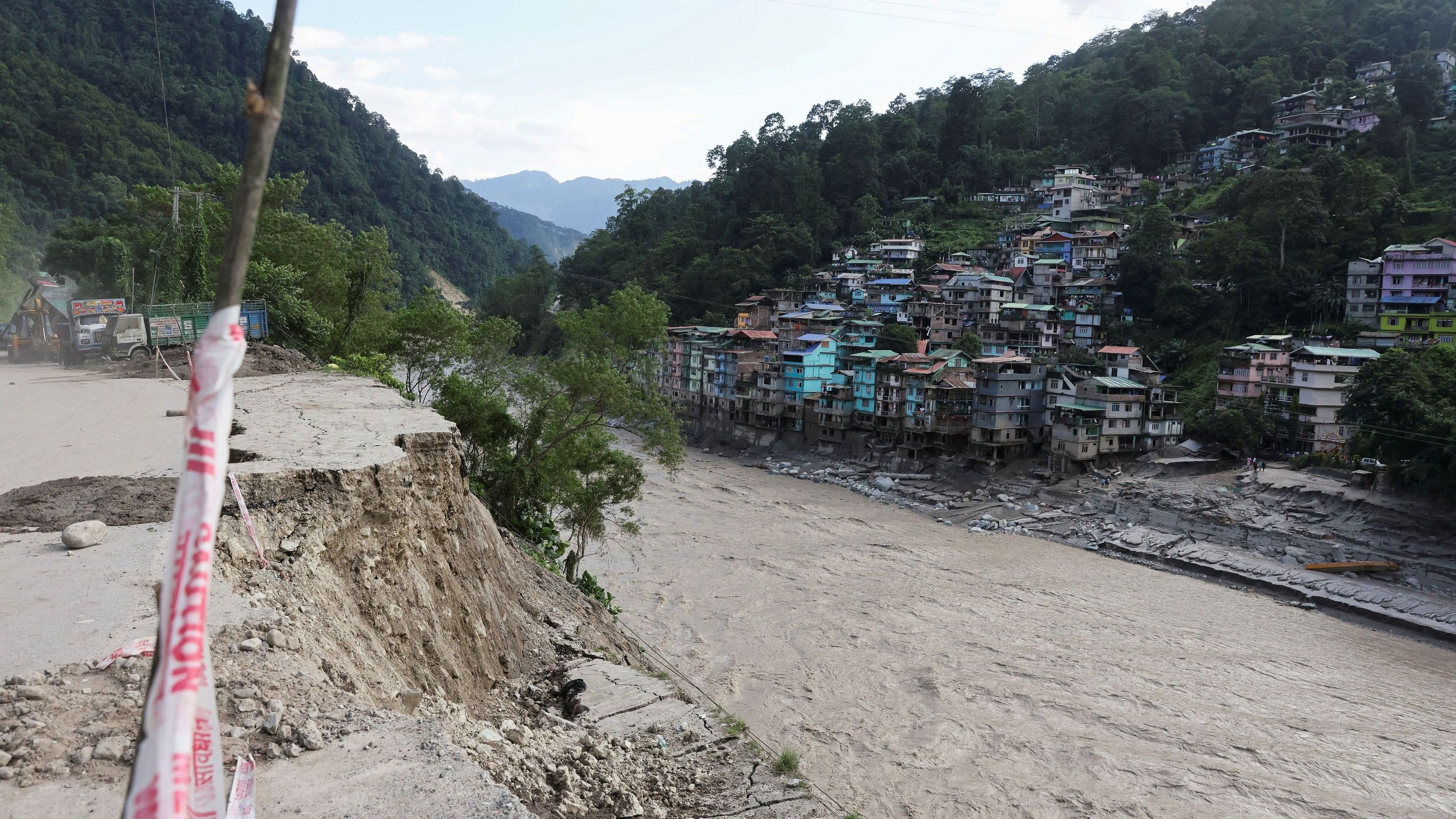 <div class="paragraphs"><p>A view of damaged houses after flash floods, caused by a lake burst in Singtam, Sikkim. </p></div>