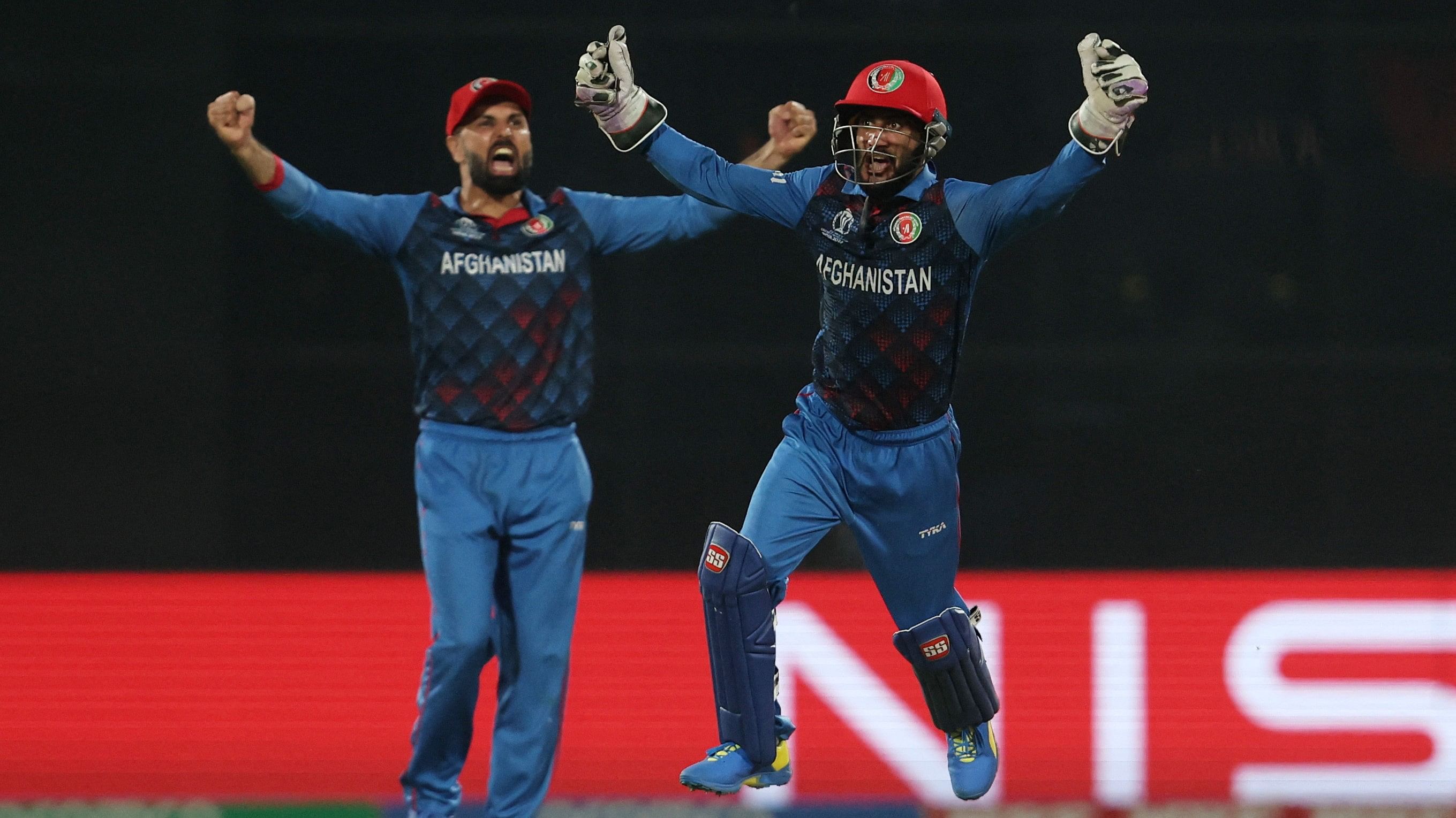 <div class="paragraphs"><p>Afghanistan's Ikram Alikhil celebrates with Mohammad Nabi after Rashid Khan bowls out England's Mark Wood to win the match.</p></div>