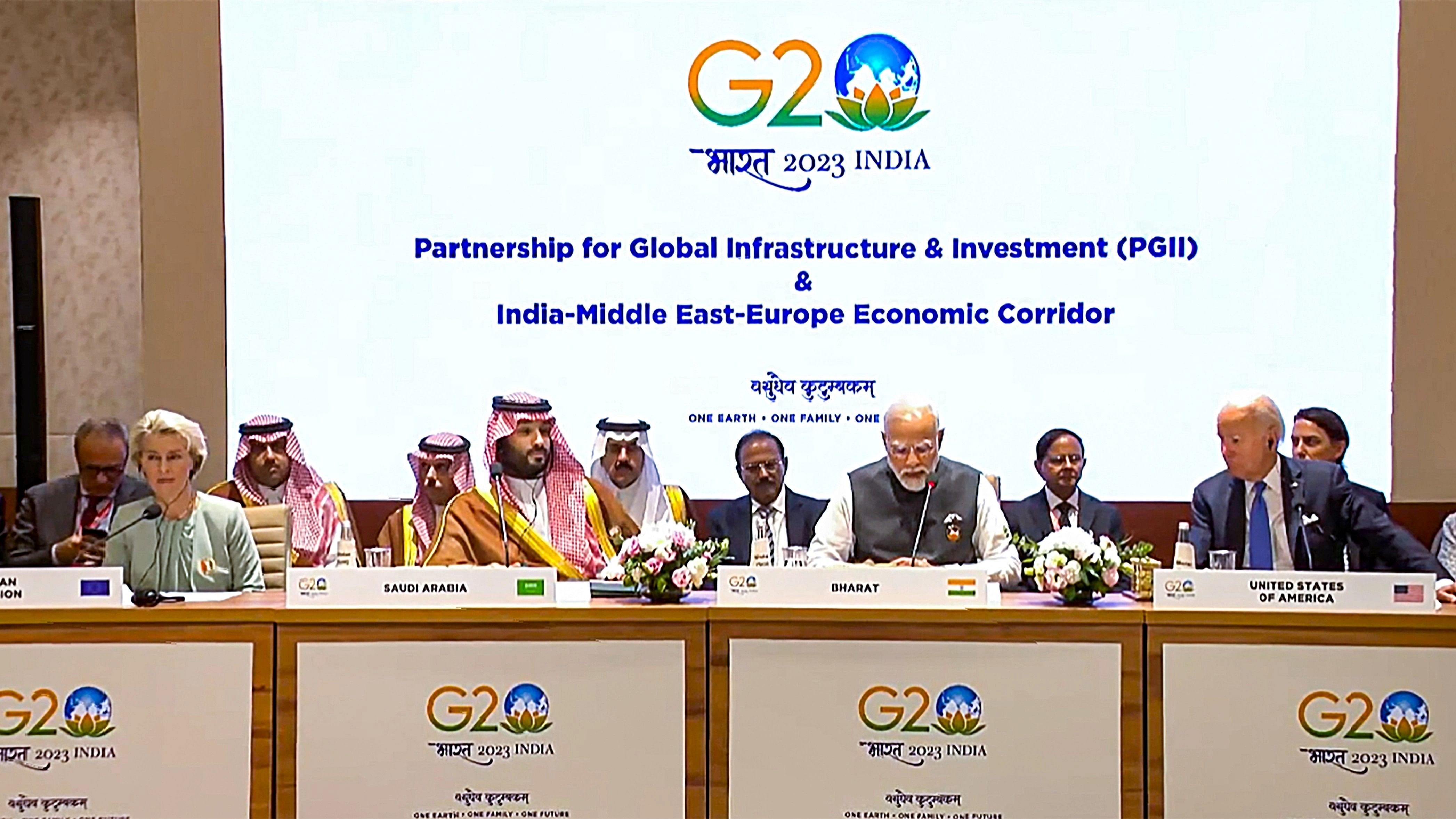 <div class="paragraphs"><p> PM  Modi with US President Biden, Crown Prince and PM of Saudi Arabia Mohammed bin Salman bin Abdulaziz Al Saud and President of European Commission Ursula von der Leyen at the Partnership for Global Infrastructure and Investment &amp; India-Middle East-Europe Economics Corridor event during the G20 Summit 2023.</p></div>