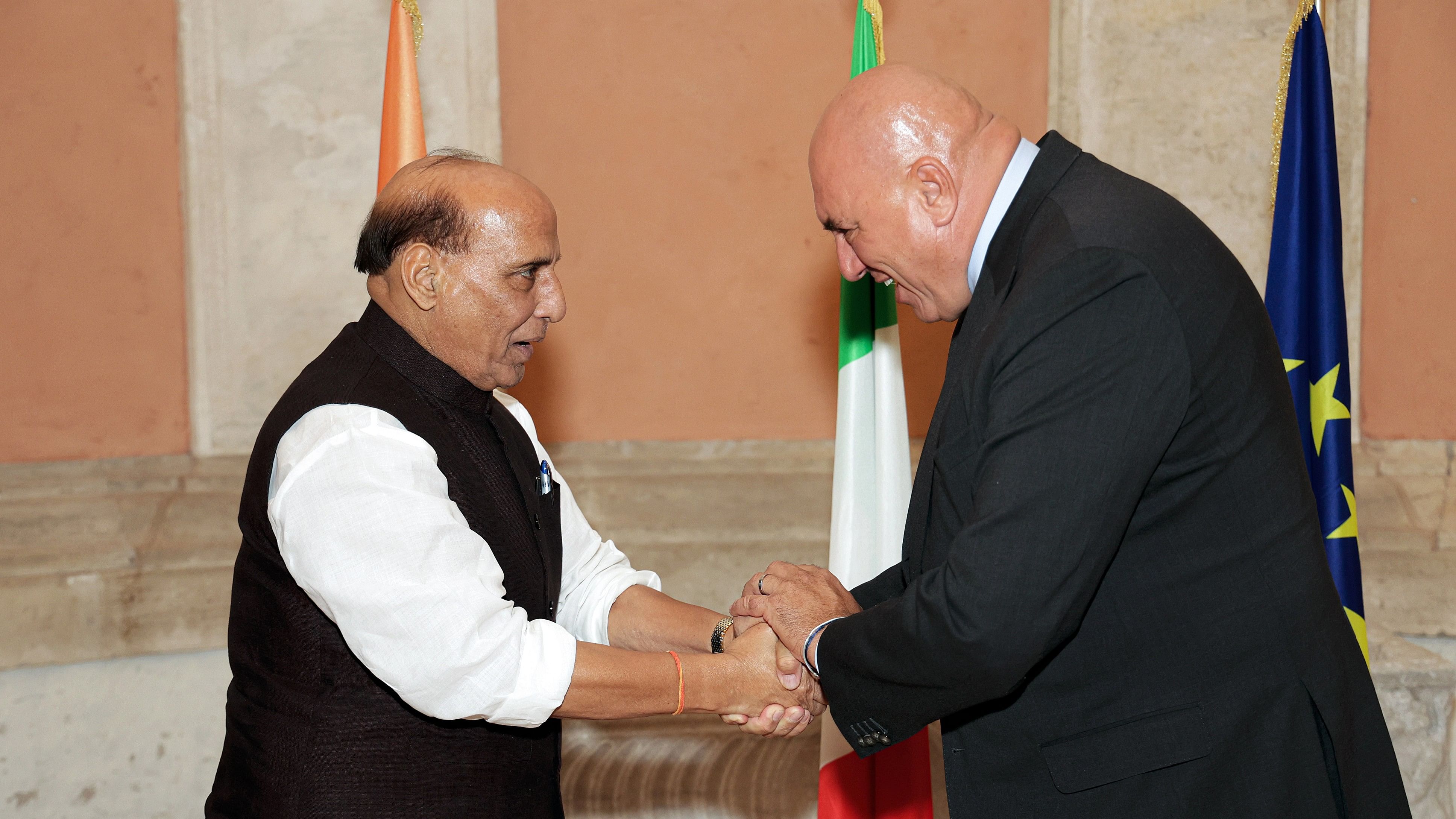 <div class="paragraphs"><p>Union Defence Minister Rajnath Singh meets Italian Defence Minister Guido Crosetto in Rome, on Monday, Oct. 9, 2023.</p></div>