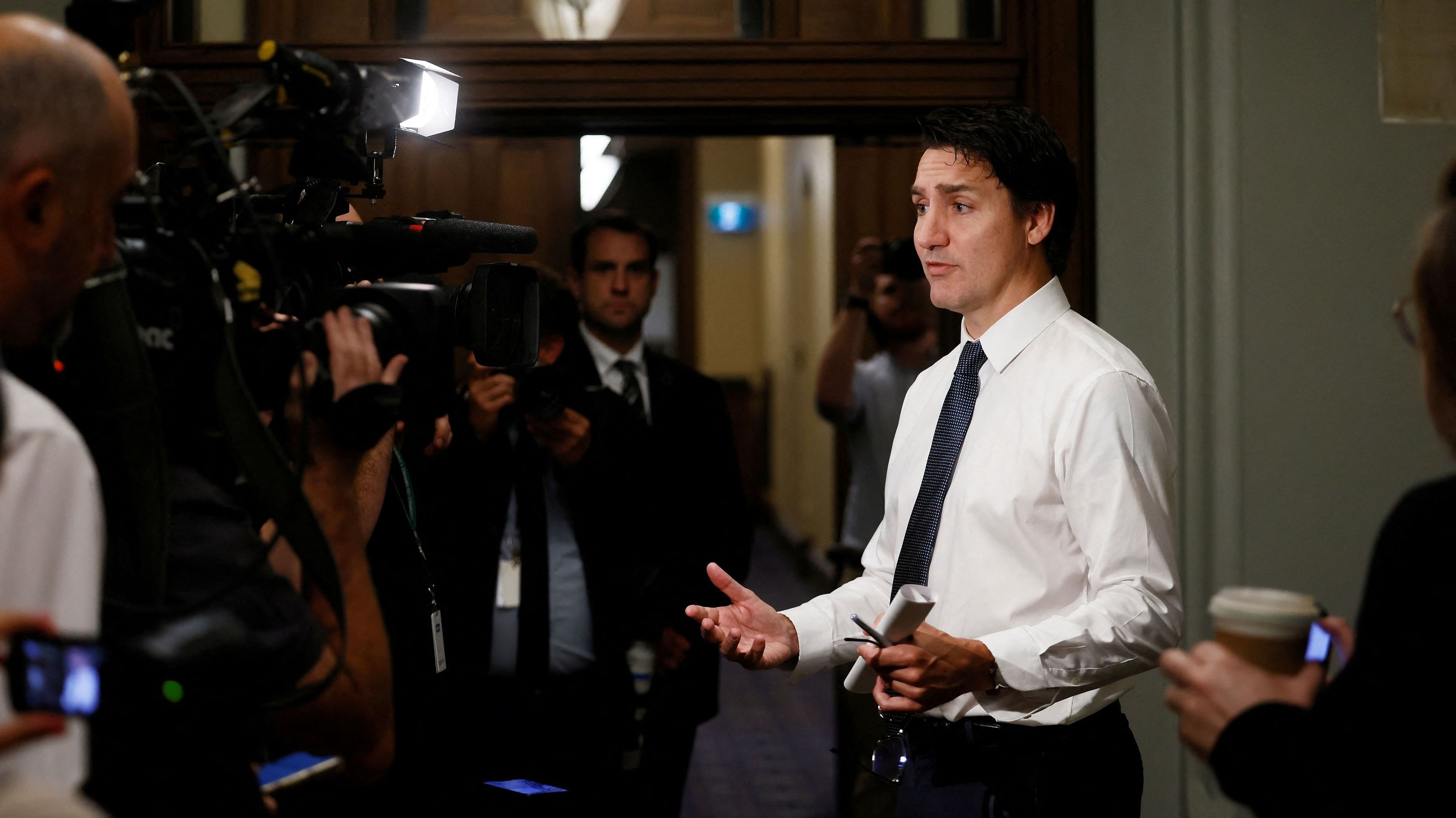 <div class="paragraphs"><p>Canada's Prime Minister Justin Trudeau speaks to media outside his office on Parliament Hill in Ottawa, Ontario, Canada October 3, 2023.</p></div>