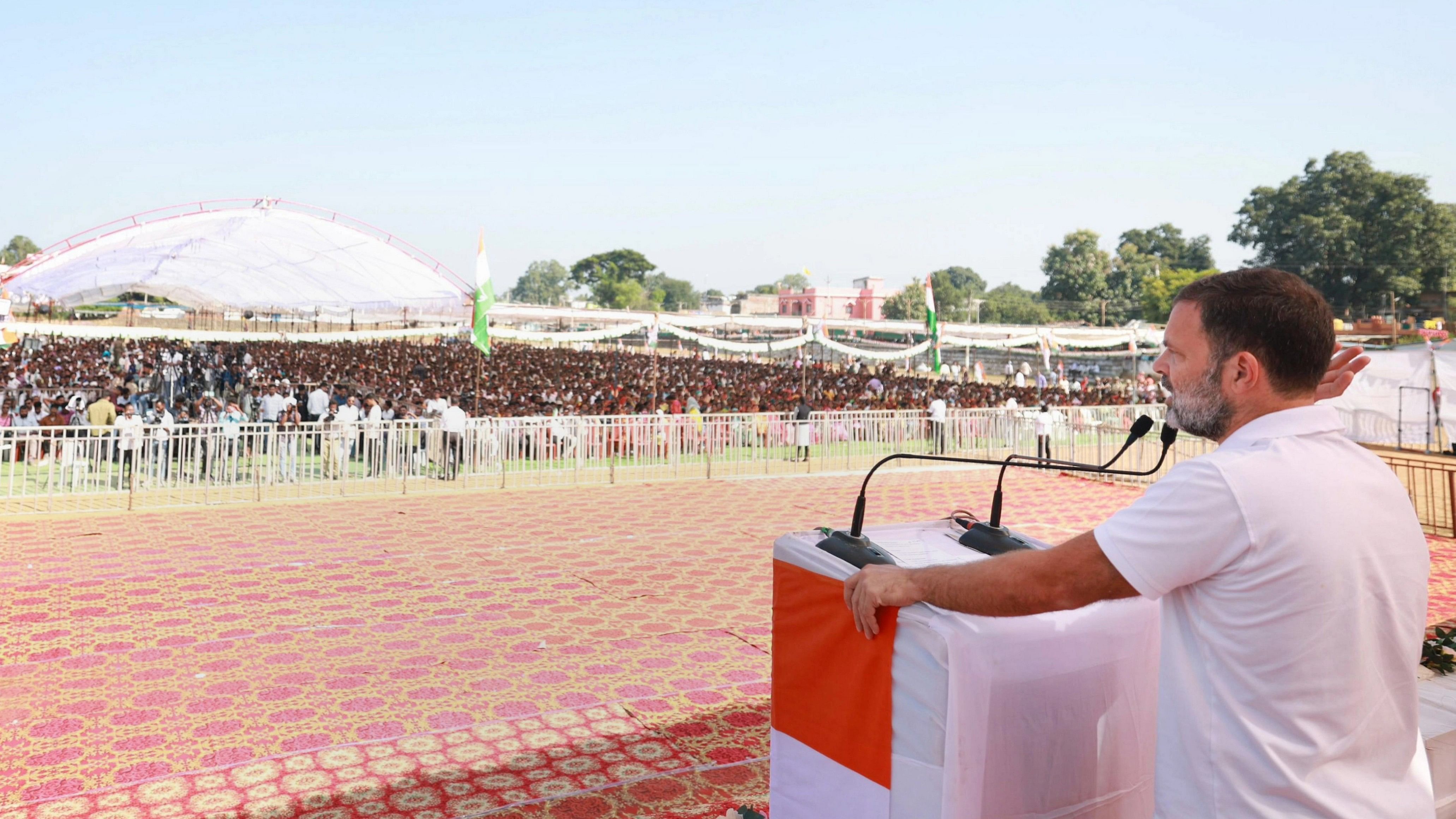 <div class="paragraphs"><p>Congress leader Rahul Gandhi addresses a public meeting, in Kanker, Chhattisgarh.</p></div>