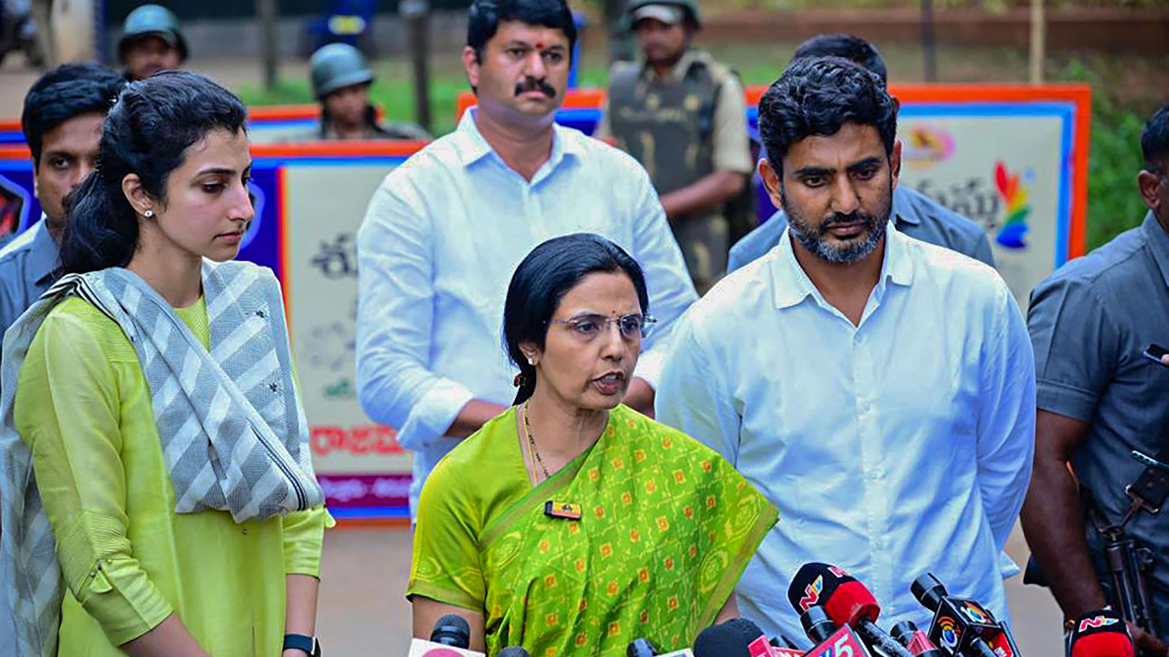 <div class="paragraphs"><p> Chandrababu Naidu's wife Nara Bhuvaneshwari, son Nara Lokesh and daugher-in-law Brahmani Nara.&nbsp;</p></div>