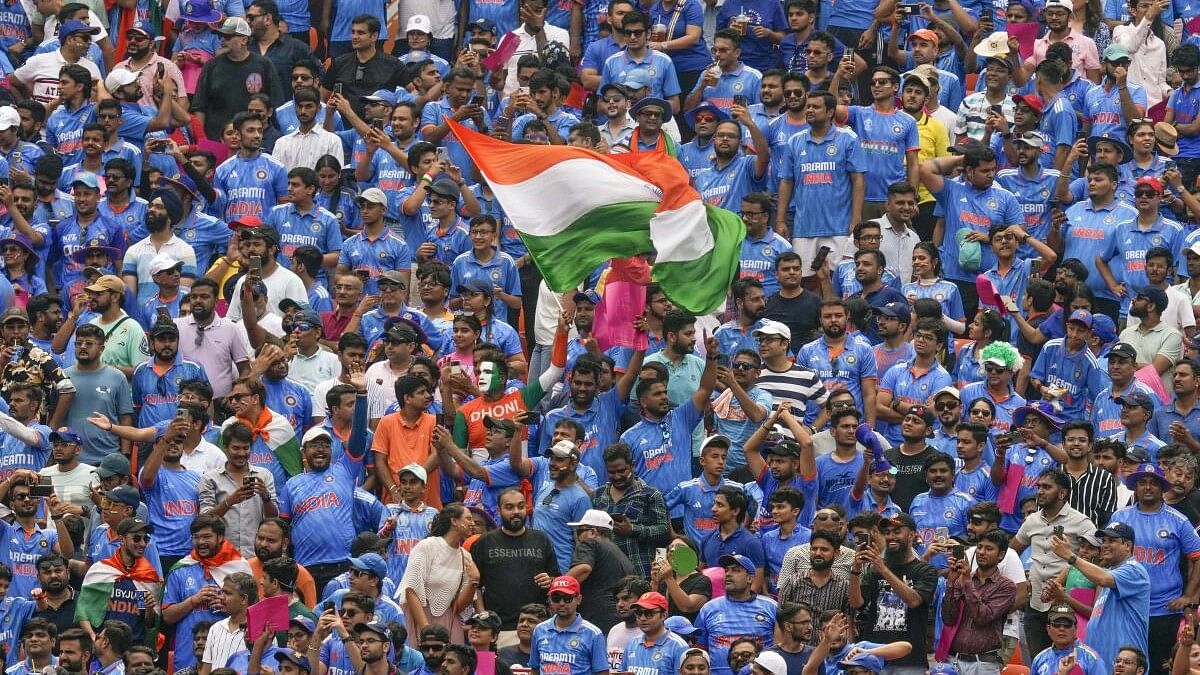 <div class="paragraphs"><p>Fans cheer during the ICC Men's Cricket World Cup 2023 match between India and Pakistan, at Narendra Modi Stadium, in Ahmedabad</p></div>