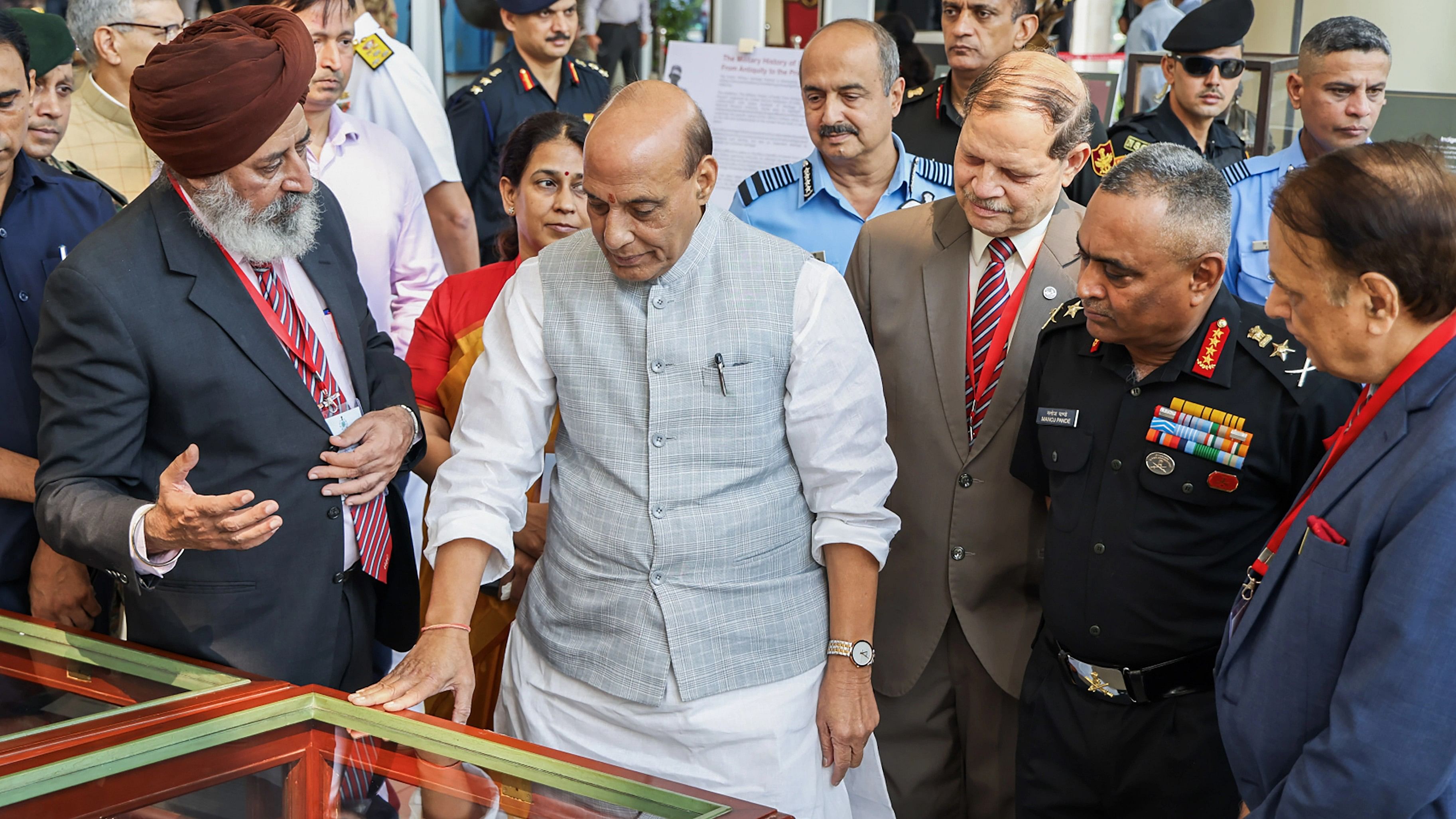 <div class="paragraphs"><p>Defence Minister Rajnath Singh with Chief of Army Staff General Manoj Pande during the inauguration of the 1st Indian Military Heritage Festival and launch of project Udbhav.</p></div>