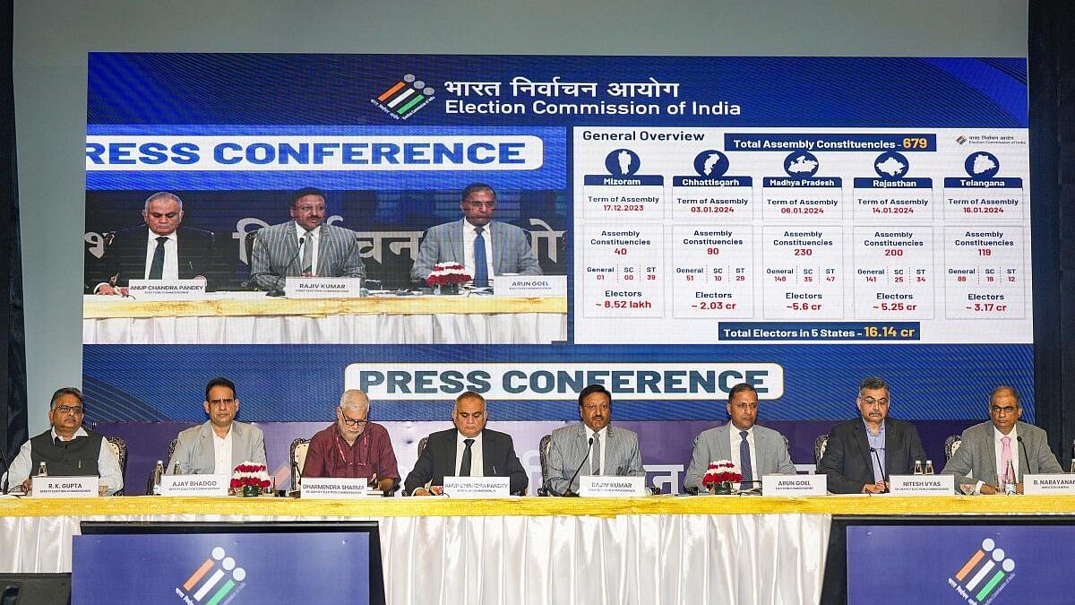 <div class="paragraphs"><p>Chief Election Commissioner Rajiv Kumar with Election Commissioners Anup Chandra Pandey and Arun Goel, and others during a press conference for the announcement of schedule of Assembly elections in Mizoram, Chhattisgarh, Rajasthan, Madhya Pradesh and Telangana, in New Delhi, Monday, Oct. 9, 2023.</p></div>