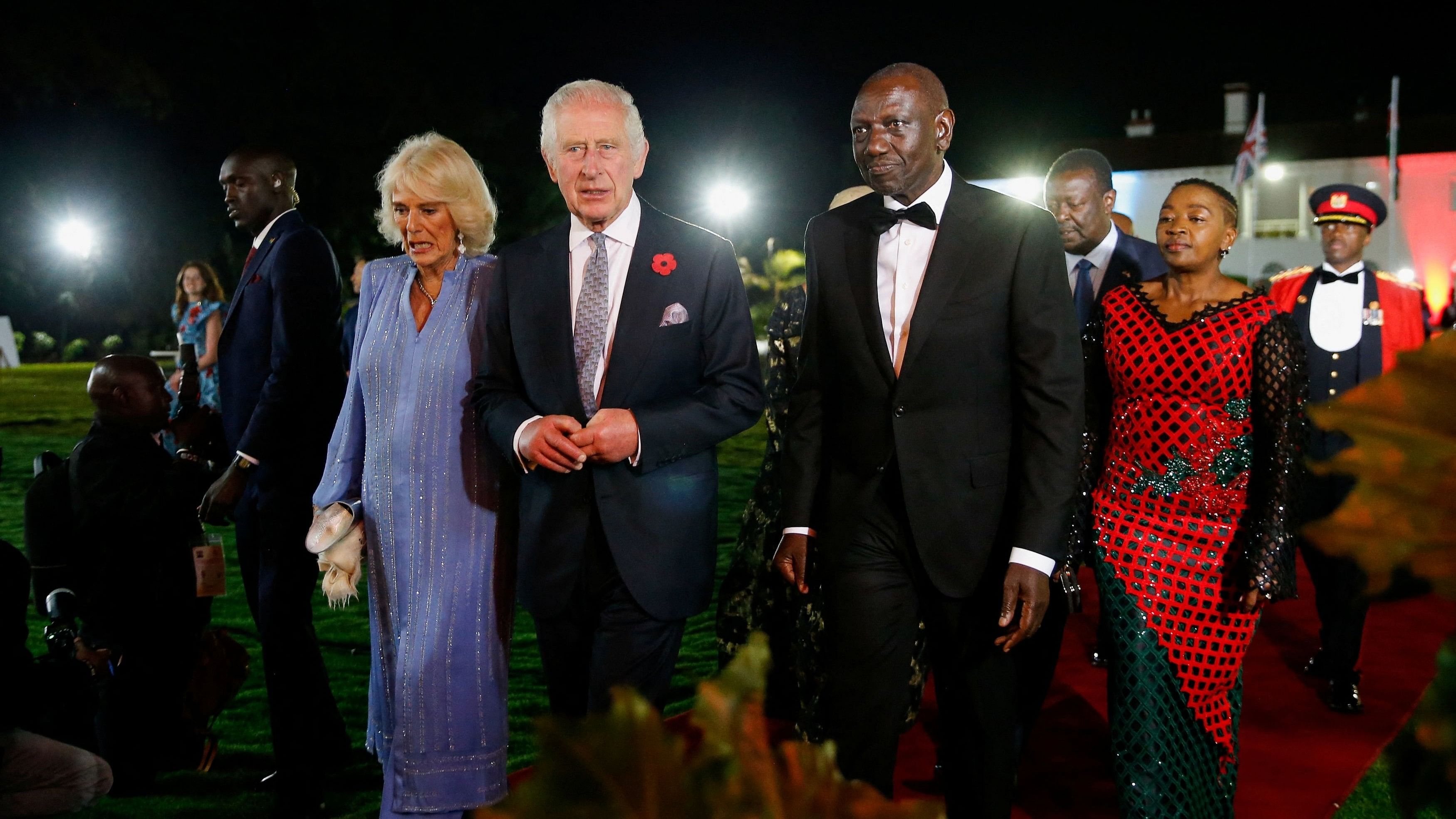 <div class="paragraphs"><p>Britain's King Charles and Queen Camilla are hosted by Kenya's President William Ruto as they arrive to attend a banquet, during their state visit to Kenya, at the State House in Nairobi, Kenya October 31, 2023. </p></div>