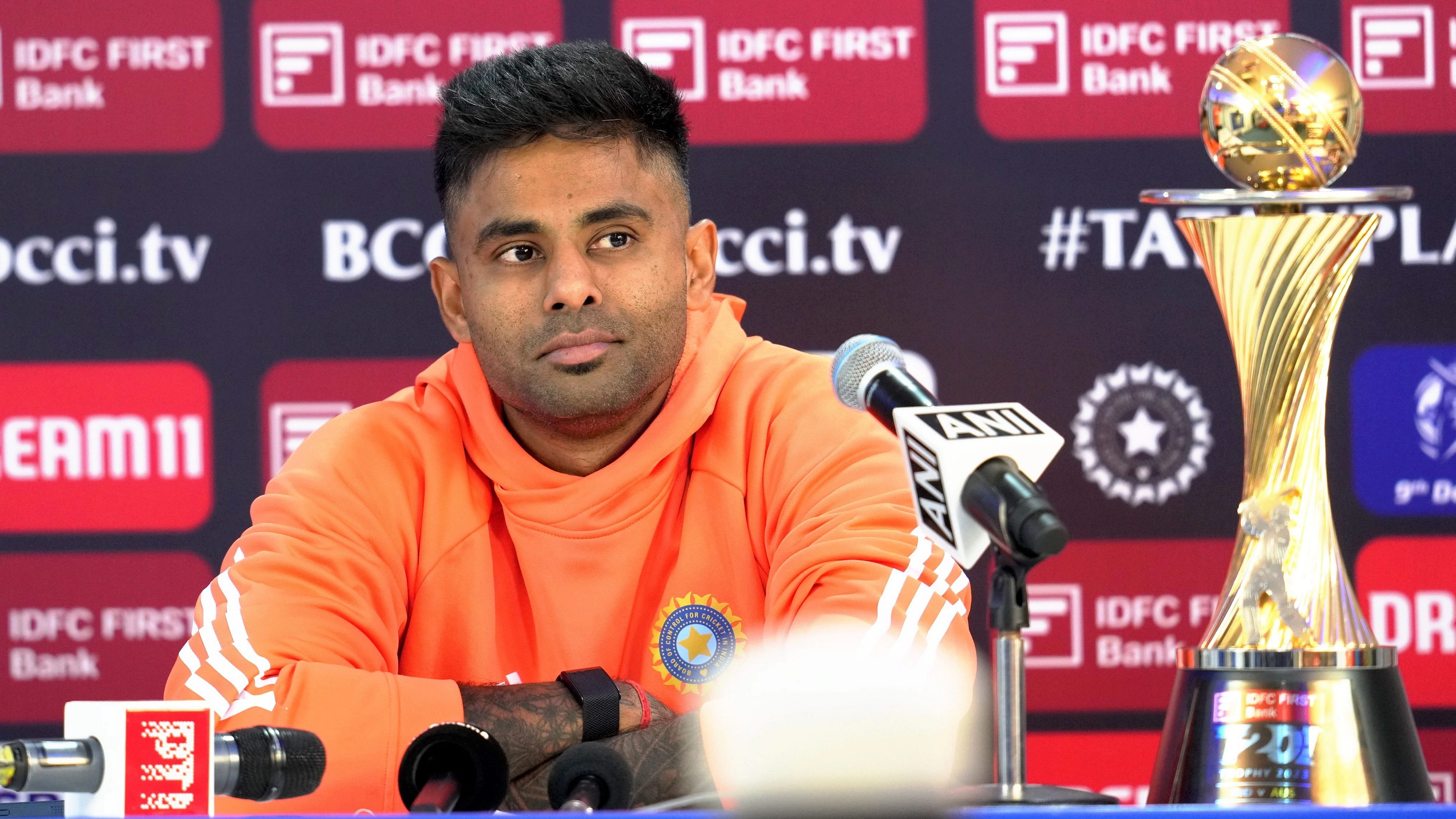 <div class="paragraphs"><p> India's captain Suryakumar Yadav during a press conference on the eve of the first T20 International cricket match between India and Australia at the Dr. Y. S. Rajashekar Reddy ACAVDCA International Cricket Stadium, in Visakhapatnam.</p></div>