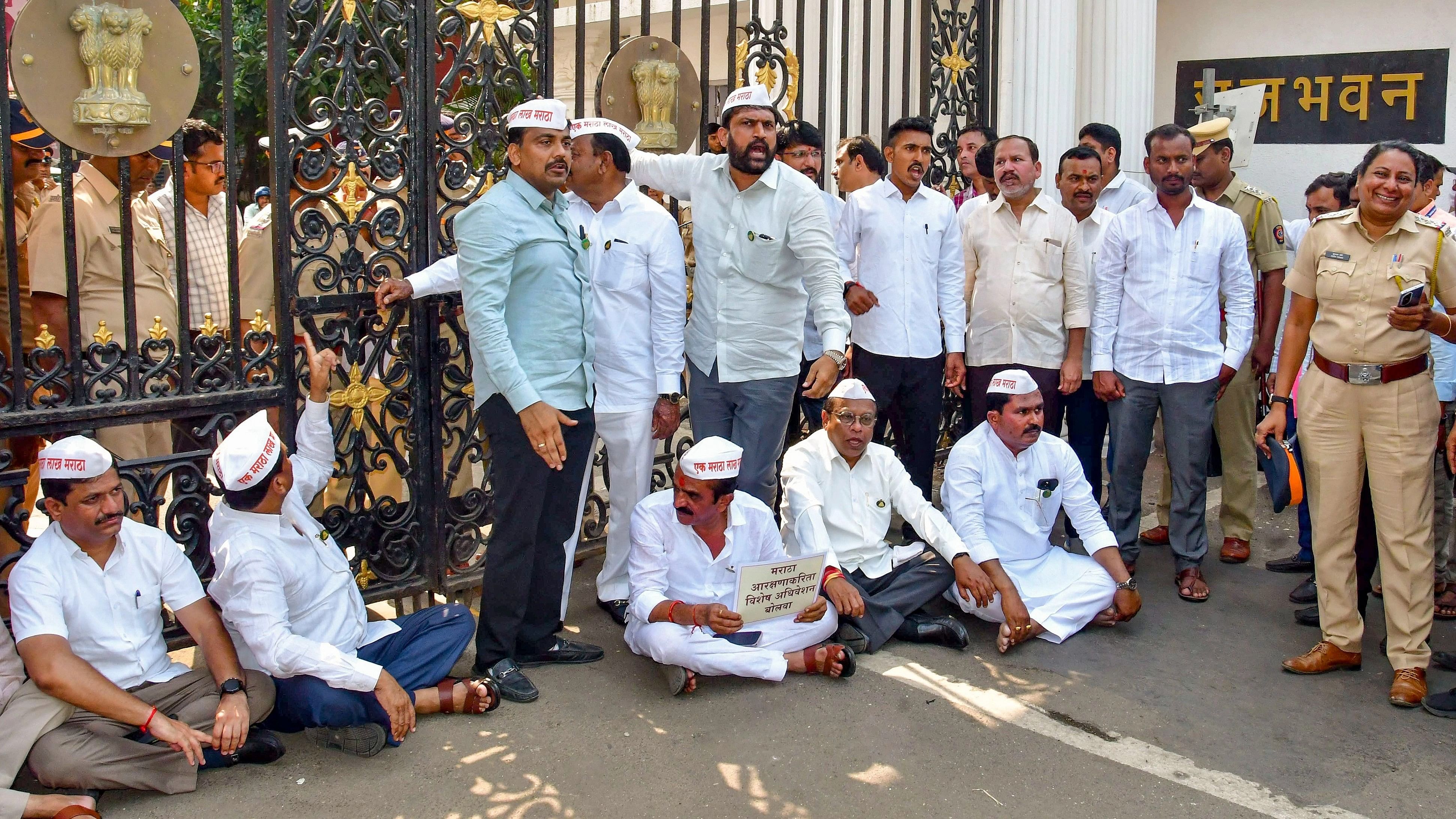 <div class="paragraphs"><p>Maharashtra MLAs stage a protest outside Raj Bhavan to press for Maratha reservation, in Mumbai.&nbsp;</p></div>