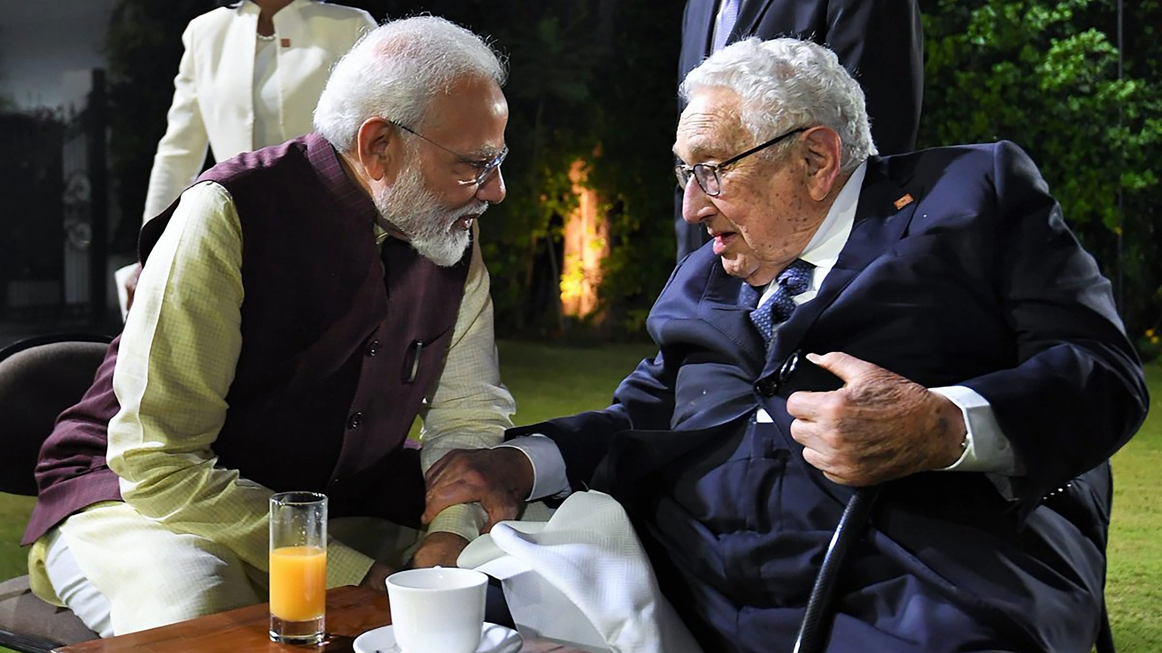 <div class="paragraphs"><p>FILE PHOTO: In this Tuesday, Oct. 22, 2019, file photo, Prime Minister Narendra Modi with former US secretary of state Henry Kissinger, in New Delhi. Kissinger passed away on Wednesday, Nov. 29, 2023, at the age of 100.</p></div>