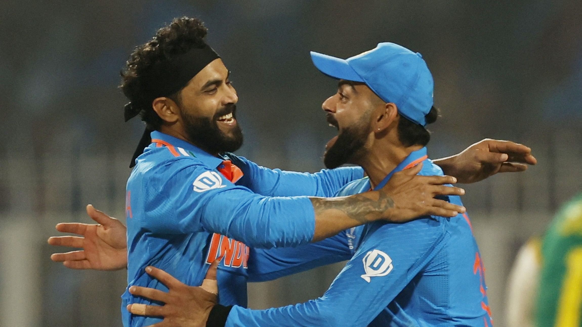 <div class="paragraphs"><p>India's Ravindra Jadeja finished with fifer (5/33) while Virat Kohli (101*) equalled Sachin Tendulkar's record of 49 ODI centuries at the&nbsp;Eden Gardens, Kolkata.&nbsp;</p></div>