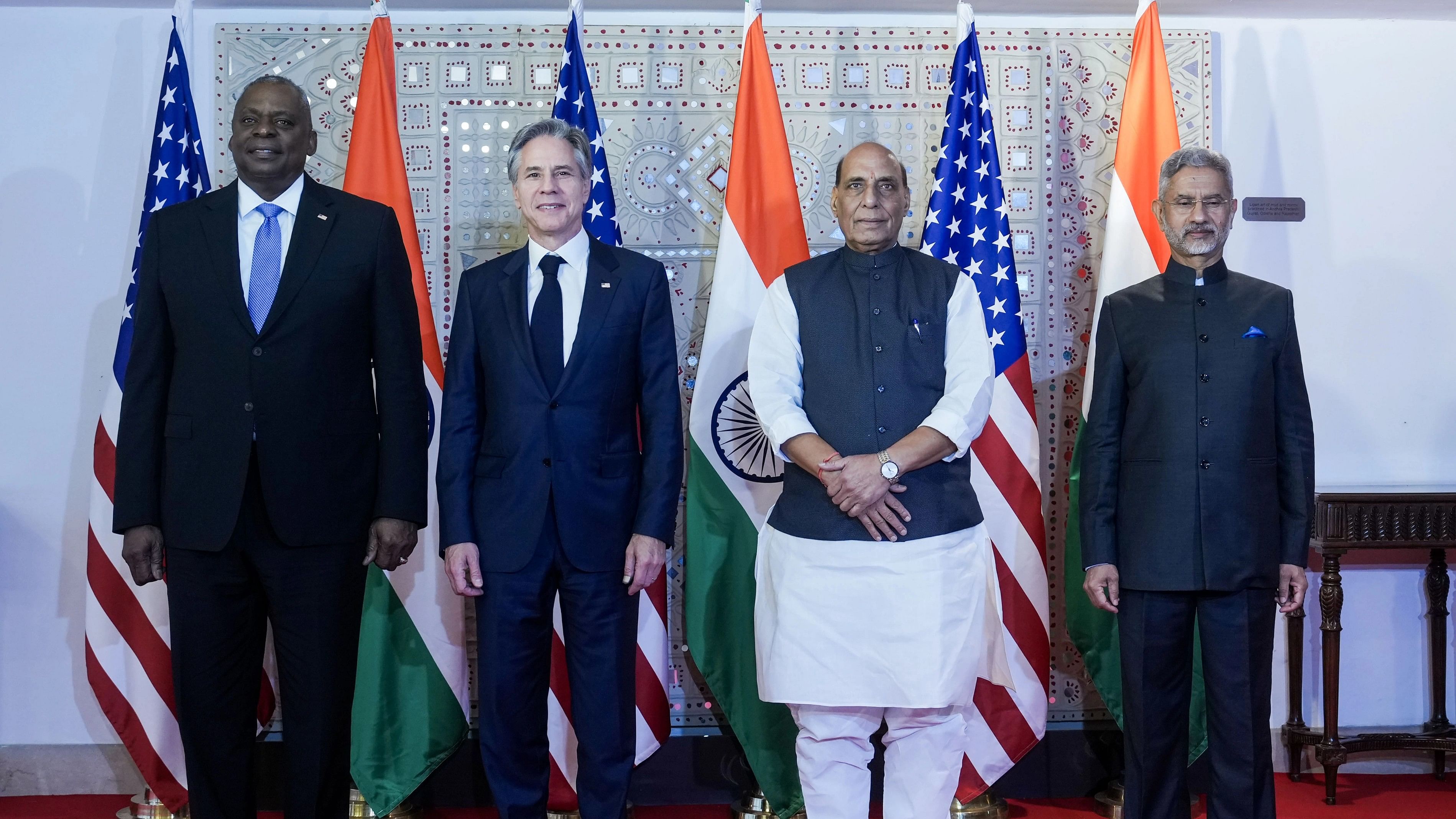 <div class="paragraphs"><p> Defence Minister Rajnath Singh and External Affairs Minister S Jaishankar with US Secretary of State Antony Blinken and US Secretary of Defence Lloyd Austin.</p></div>