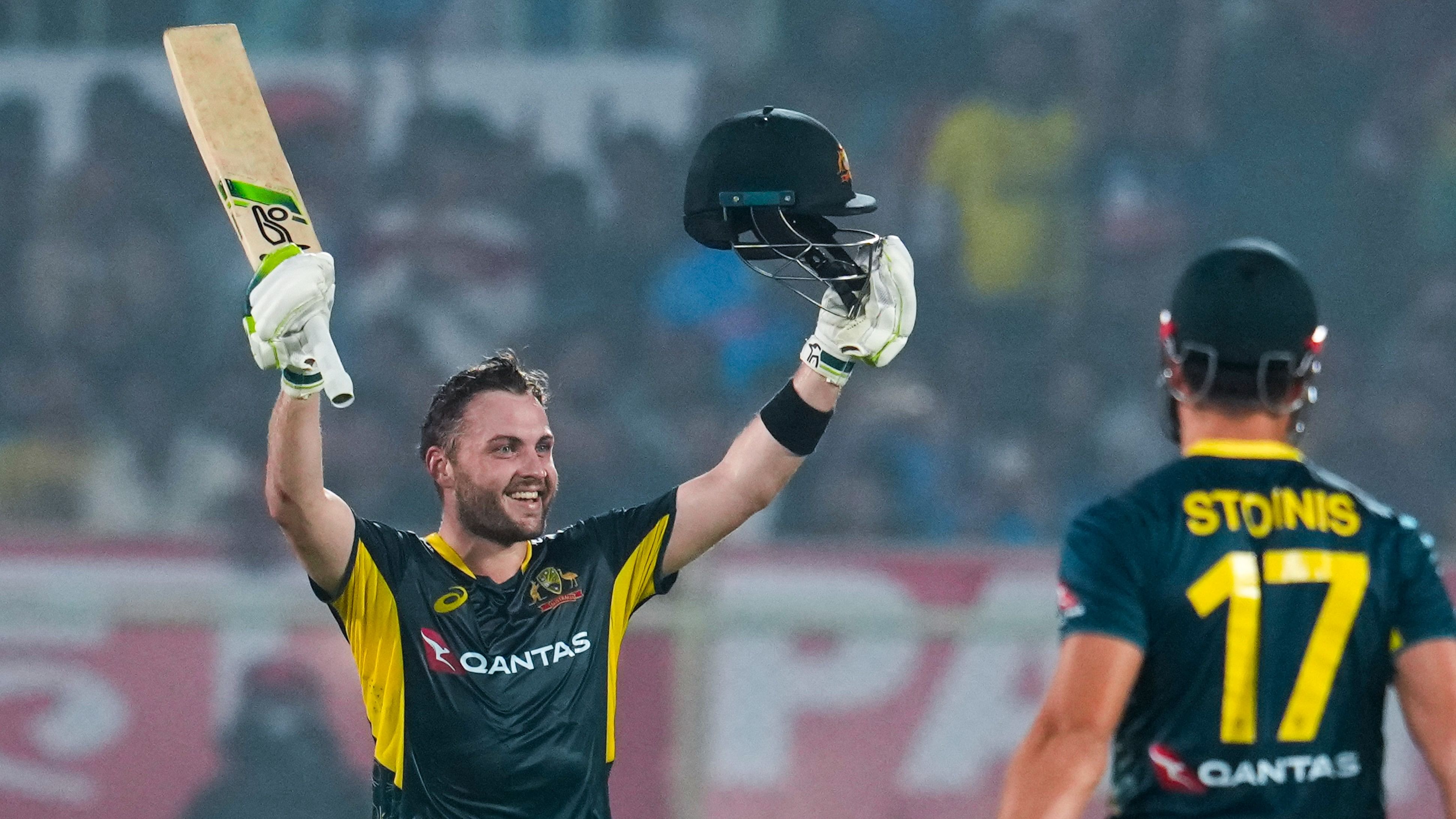 <div class="paragraphs"><p>Josh Inglis celebrates his century with Marcus Stoinis during the first T20 International cricket match of a T20I series between India and Australia.</p></div>