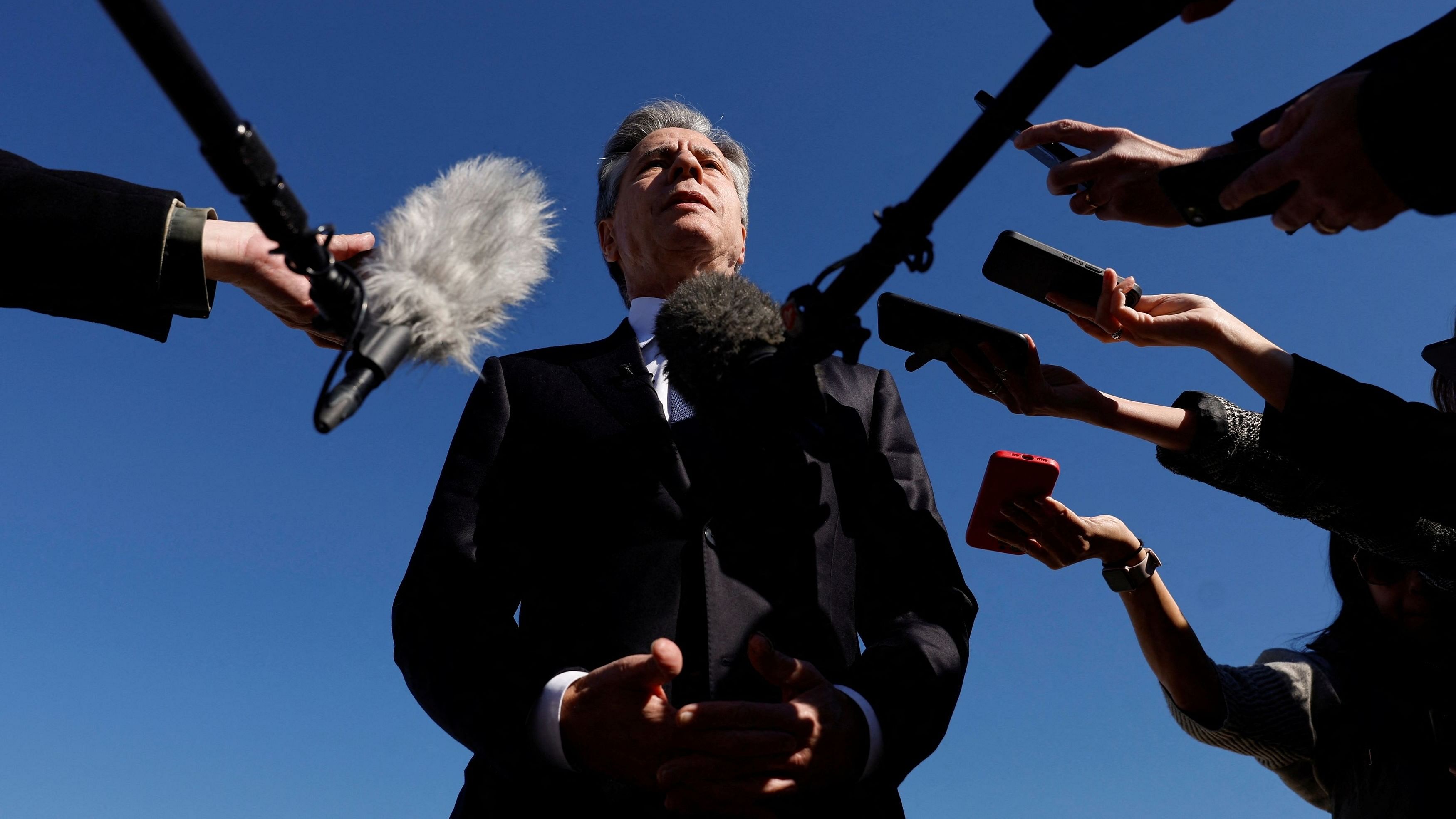 <div class="paragraphs"><p>US Secretary of State Antony Blinken speaks to reporters about the war between Israel and Hamas and the situation in Gaza as he boards his aircraft to depart Washington on travel to the Middle East and Asia at Joint Base Andrews, Maryland, US, November 2, 2023. </p></div>