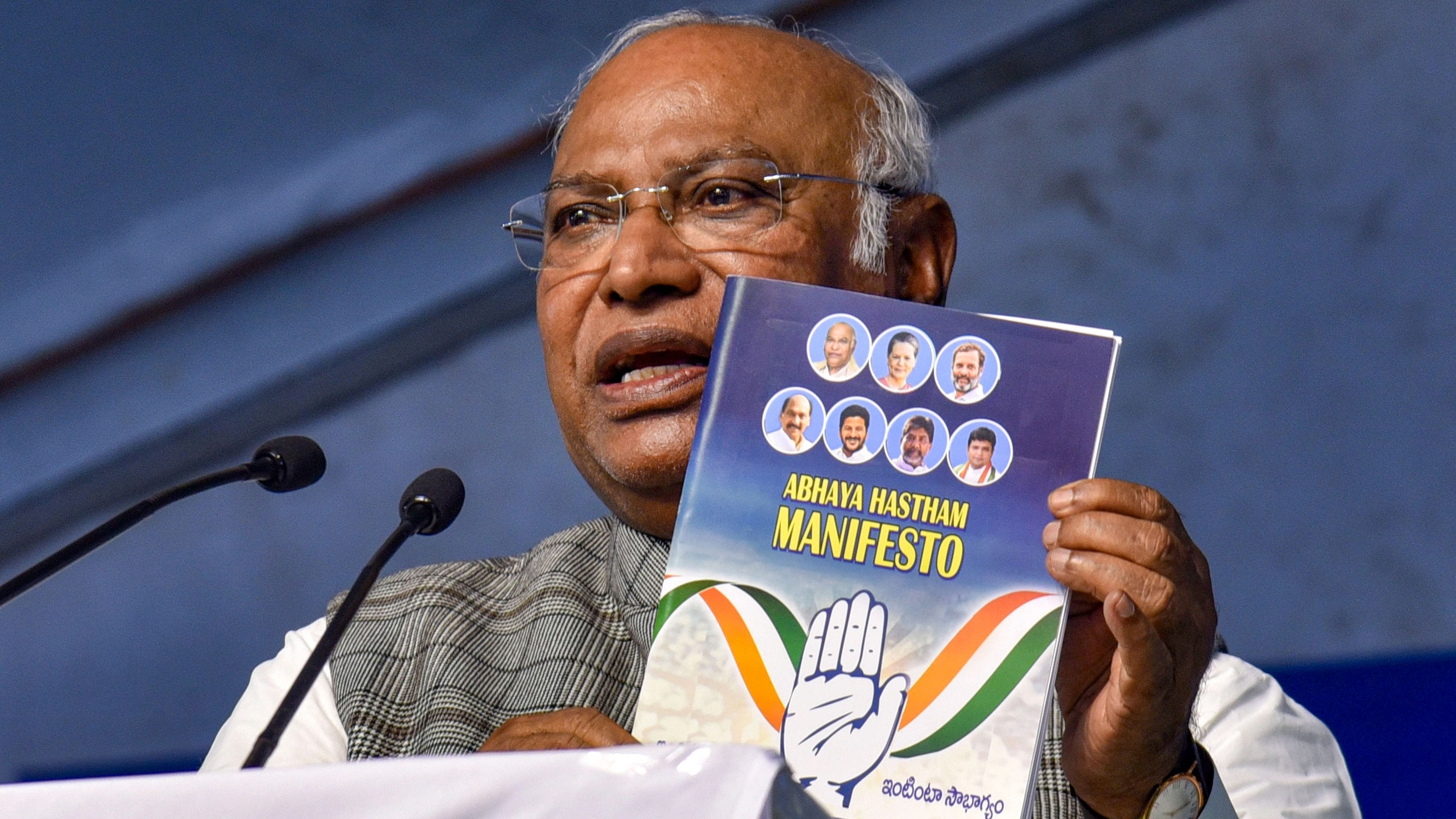 <div class="paragraphs"><p>Congress President Mallikarjun Kharge addresses a gathering after releasing the party's manifesto ahead of Telangana Assembly elections.</p></div>