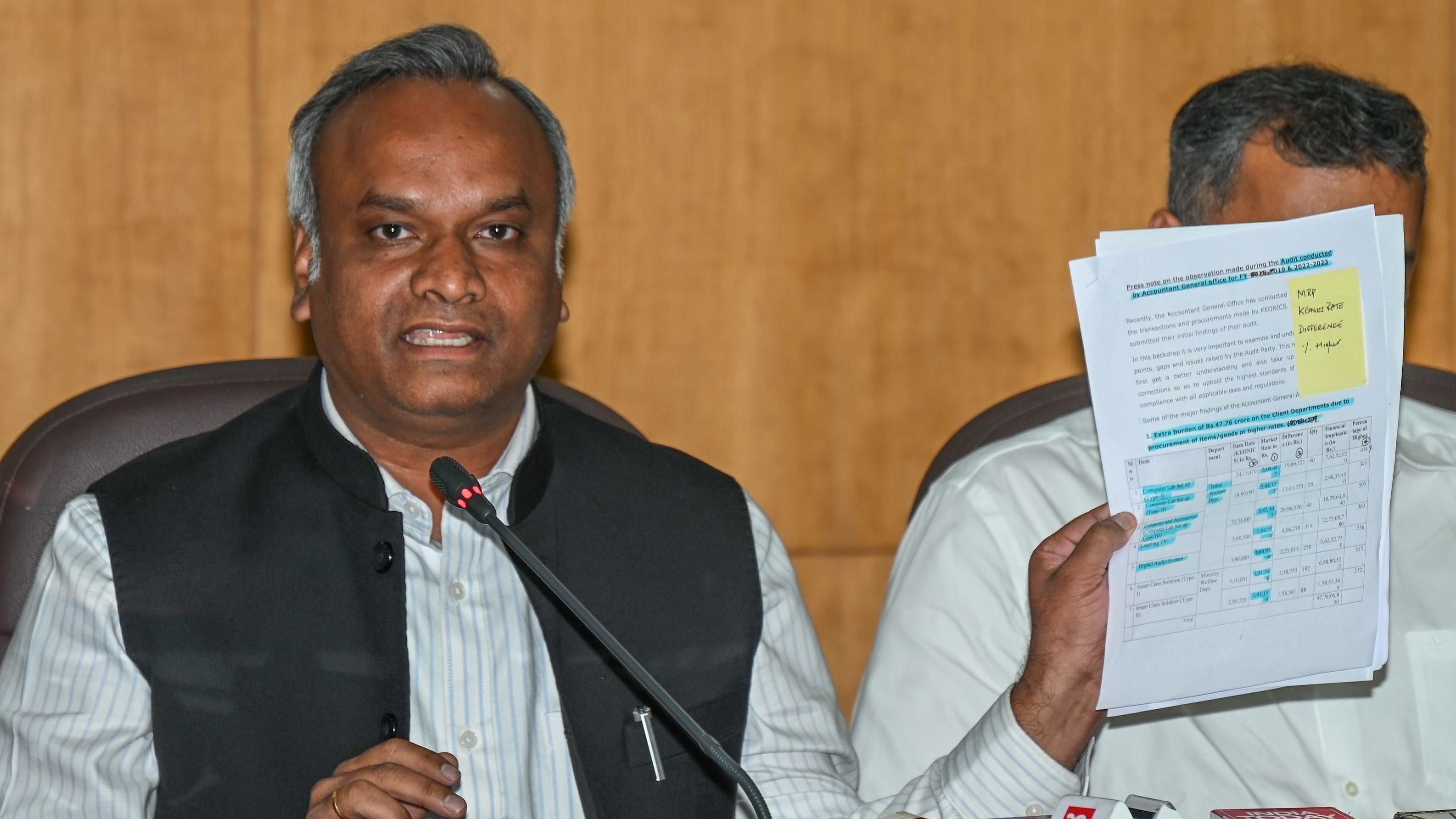 <div class="paragraphs"><p>IT/BT Minister Priyank Kharge shows the Keonics audit report in Bengaluru on Thursday. </p></div>