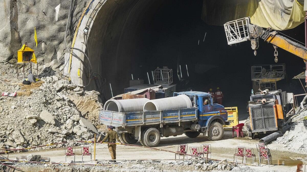 <div class="paragraphs"><p>Rescue operation underway to extract 41 workers trapped inside the collapsed Silkyara Tunnel, in Uttarkashi district.</p></div>