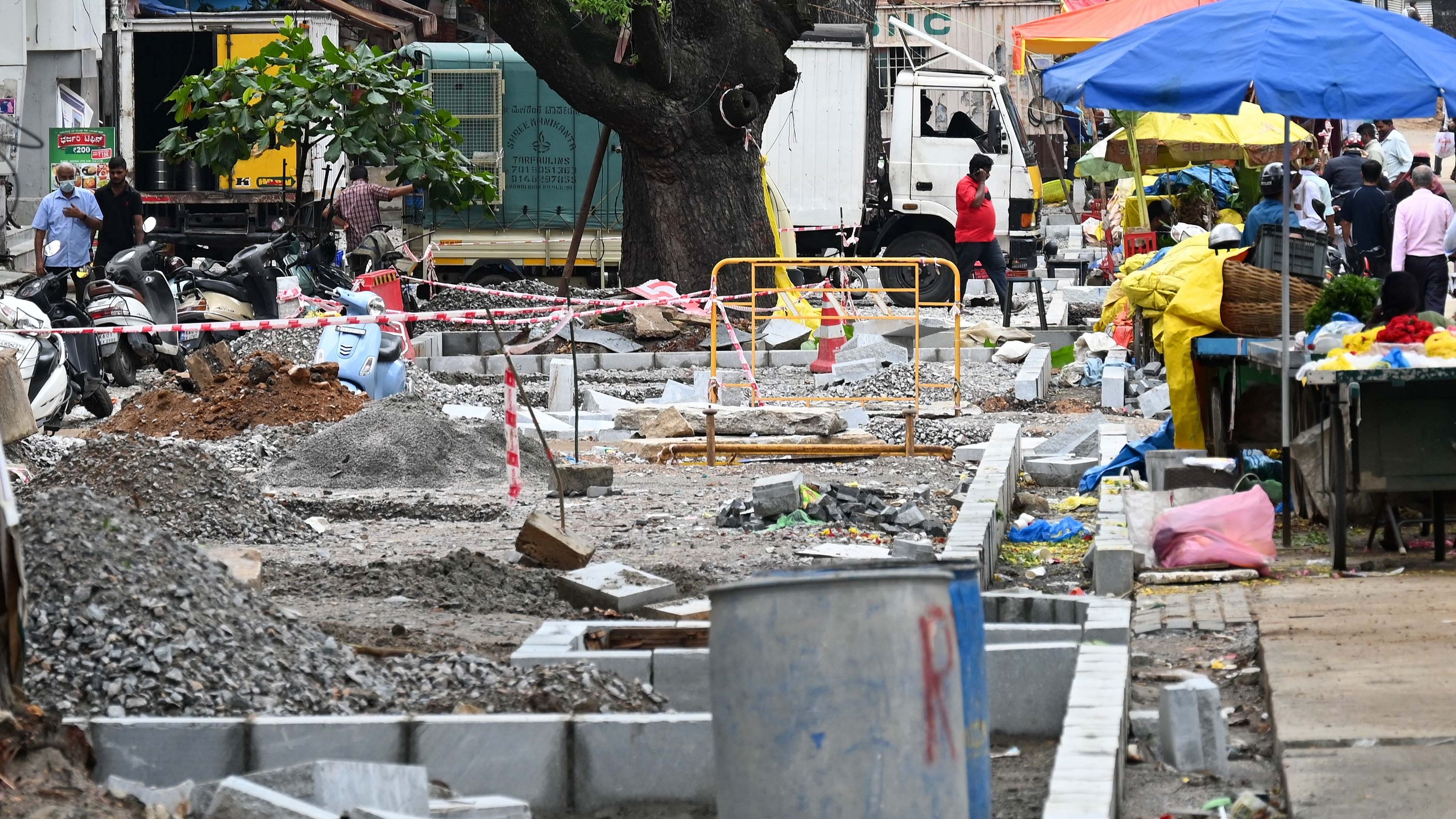 <div class="paragraphs"><p>Development work on the footpaths and carriageway at Gandhi Bazaar’s main road in Basavanagudi. </p></div>