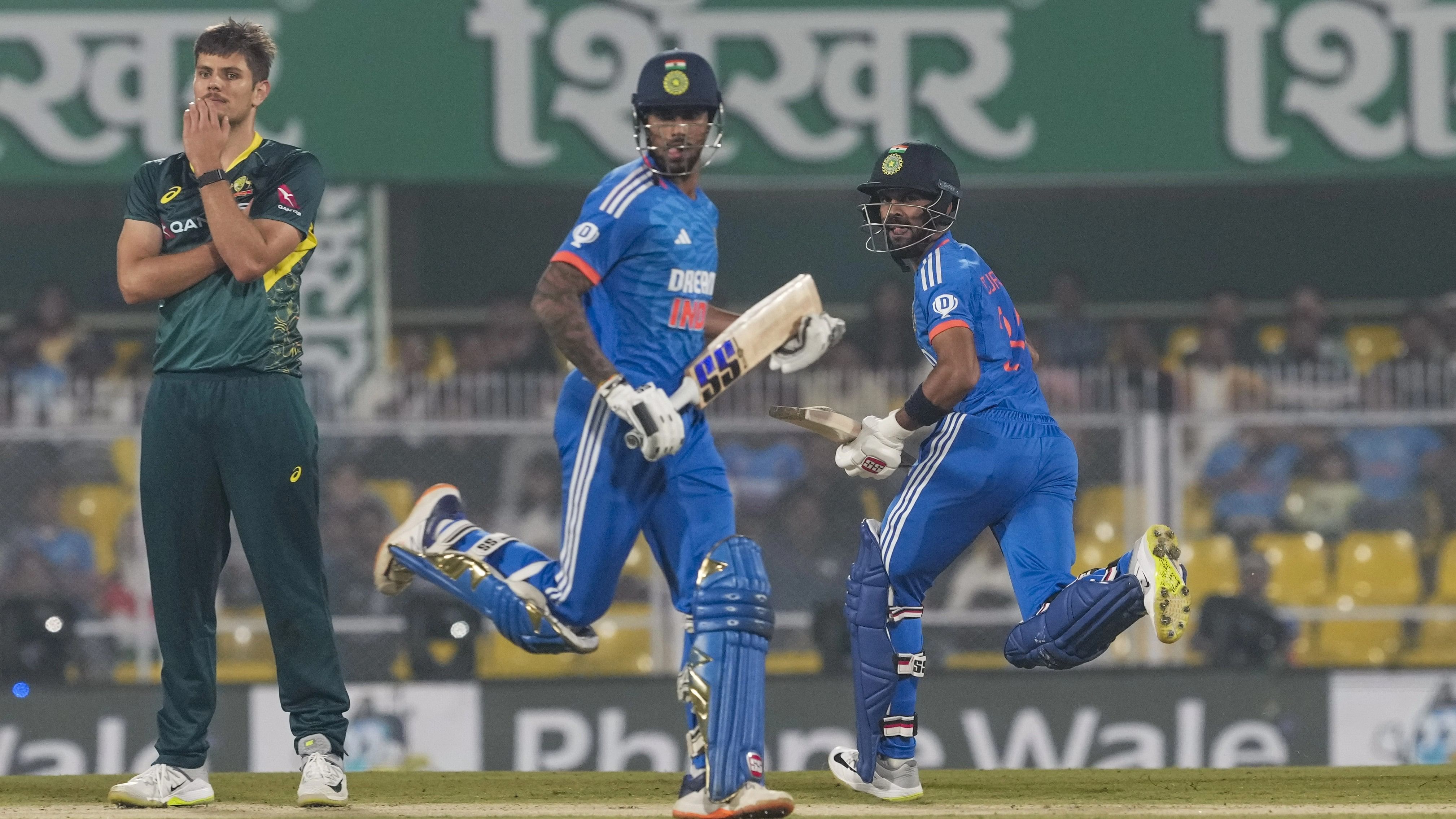 <div class="paragraphs"><p>Indian batters Tilak Varma and Ruturaj Gaikwad run between the wickets during the 3rd T20 cricket match between India and Australia, at the ACA, Guwahati, November 28, 2023.</p></div>