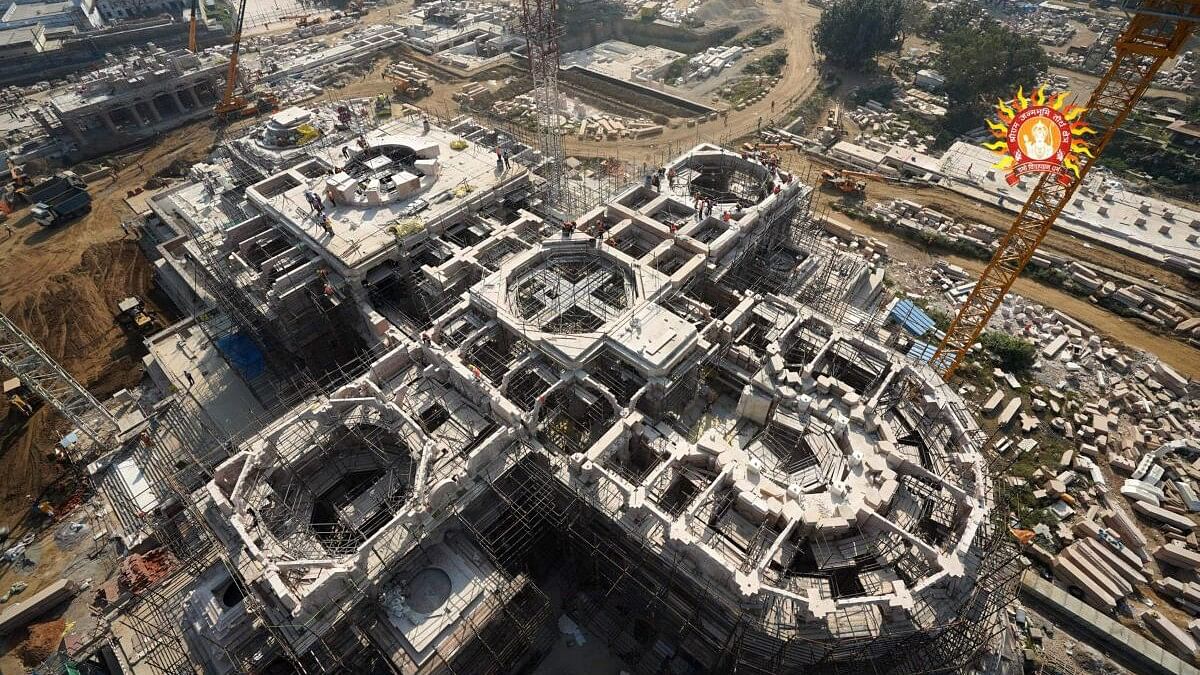 <div class="paragraphs"><p>Aerial view of under construction Shri Ram Janmabhoomi Mandir, in Ayodhya.&nbsp;</p></div>