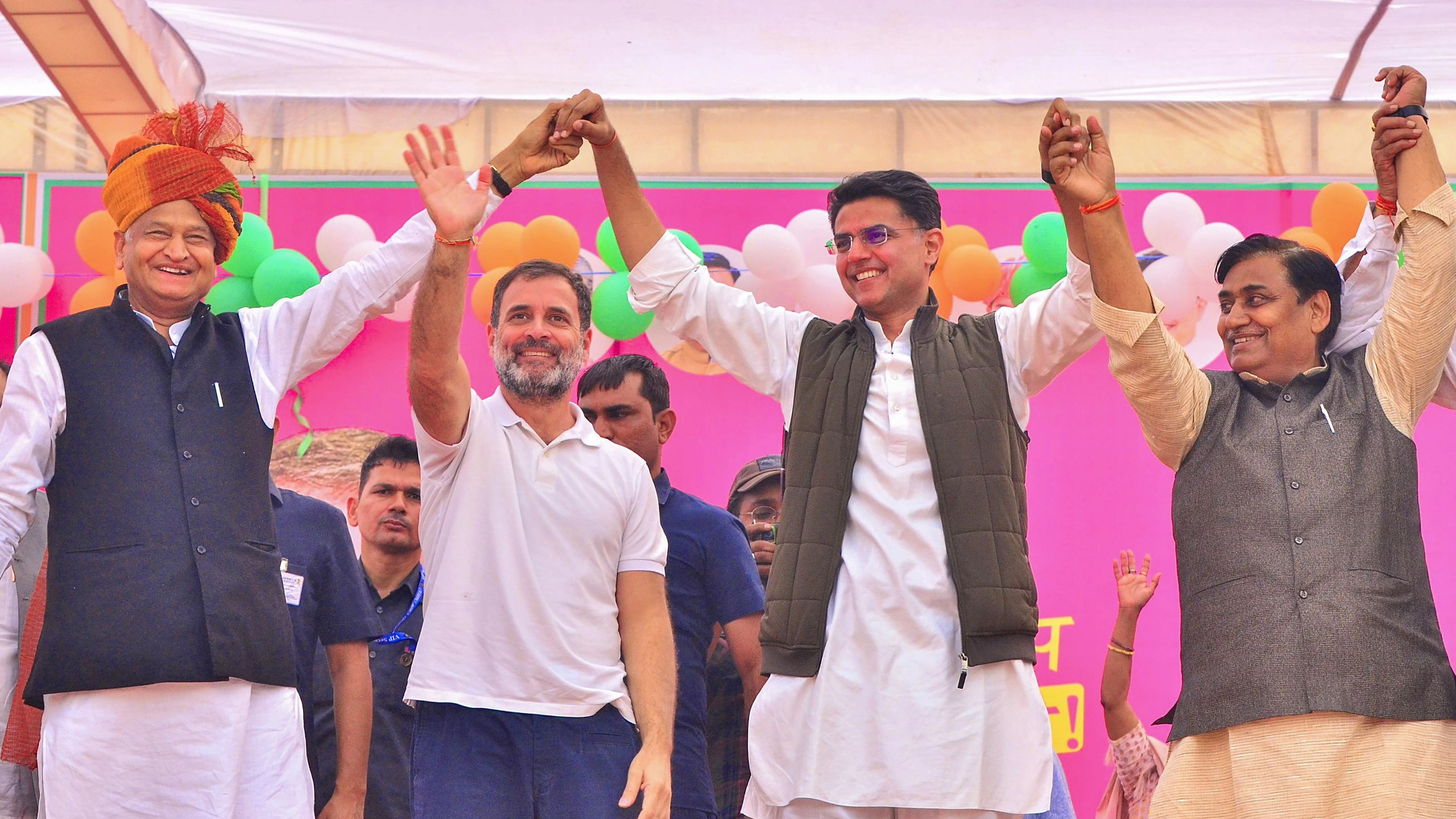 <div class="paragraphs"><p>Congress leader Rahul Gandhi with Rajasthan Chief Minister Ashok Gehlot and party leaders Sachin Pilot and Govind Singh Dotasra during 'Congress Guarantee Rally' ahead of the State Assembly elections, at Taranagar in Churu district.</p></div>