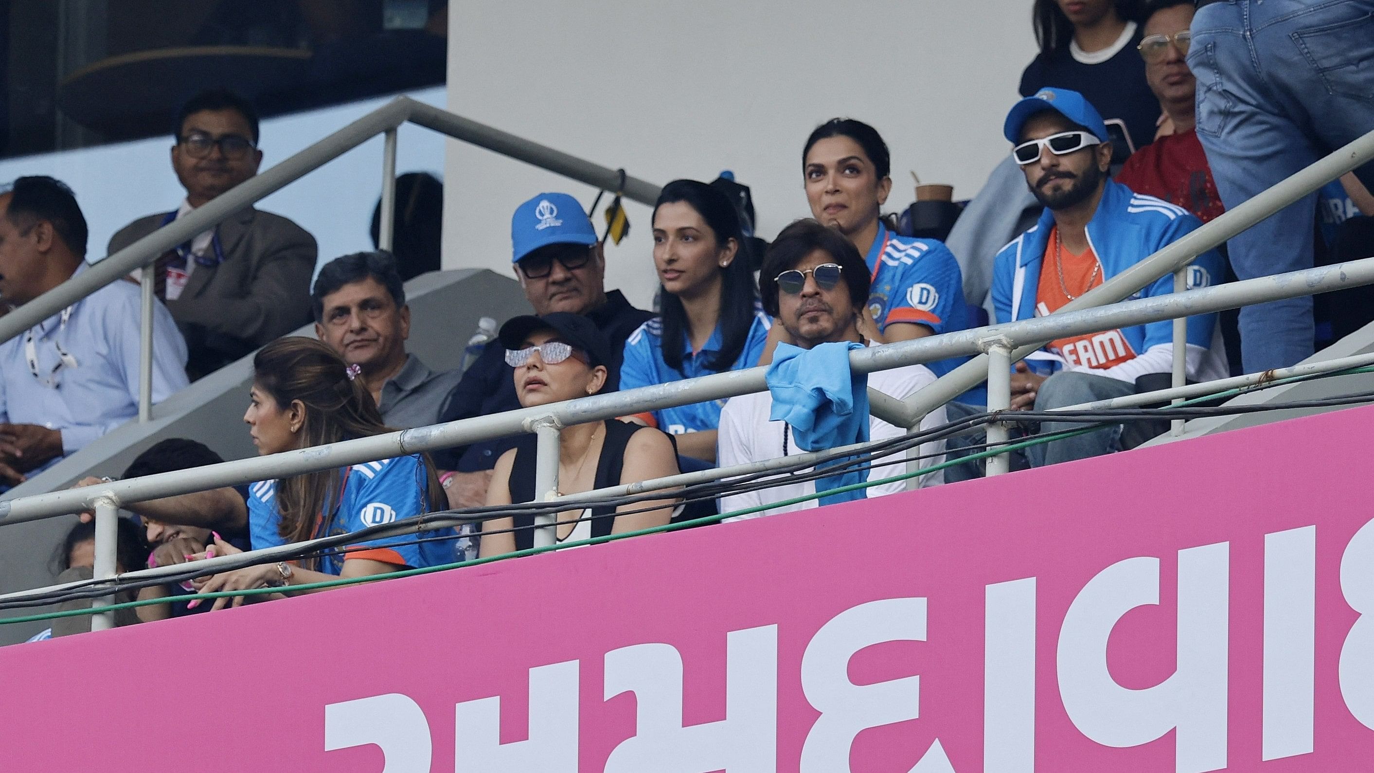 <div class="paragraphs"><p>Bollywood actors Shah Rukh Khan, Deepika Padukone and Ranveer Singh are pictured in the stands.</p></div>