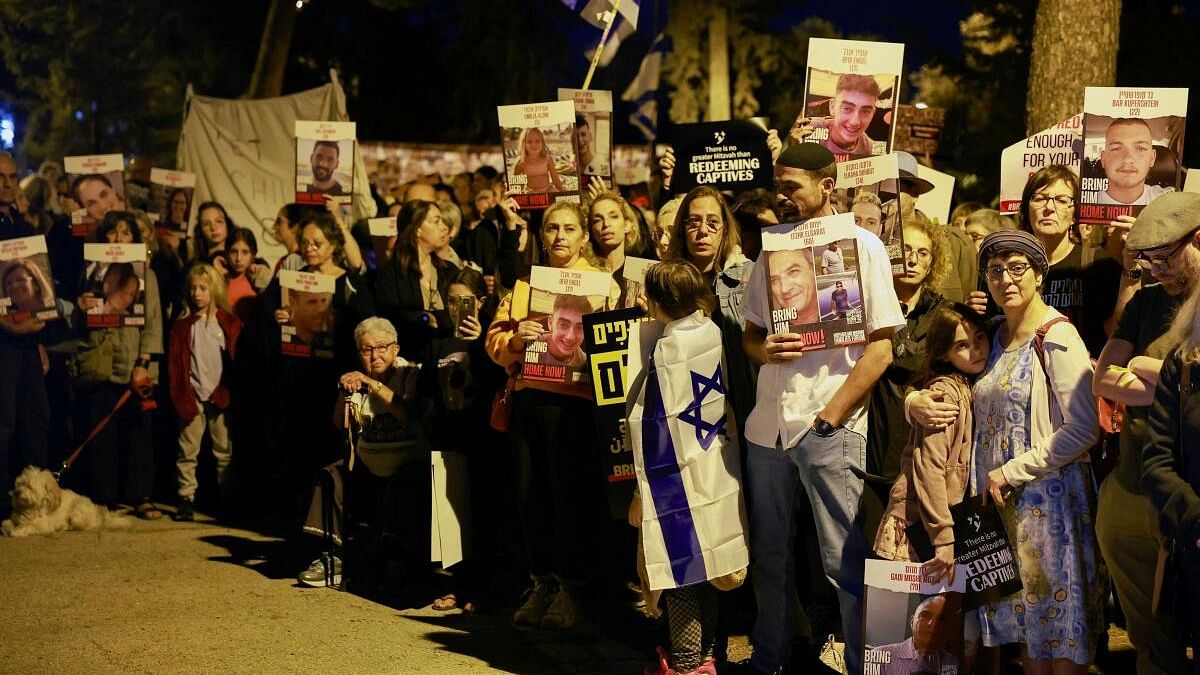 <div class="paragraphs"><p>People gather in front of the United Nations Headquarters in Jerusalem demanding for action to be taken to return the hostages kidnapped by Hamas during the October 7 attacks, in Jerusalem November 13, 2023.</p></div>