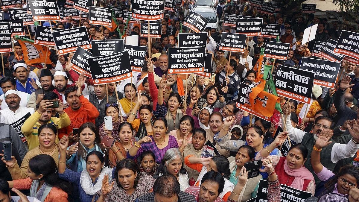 <div class="paragraphs"><p>BJP workers protest against Delhi government alleging corruption in the Delhi Jal Board (DJB), at the DJB headquarters at Jhandewalan, in New Delhi.&nbsp;</p></div>