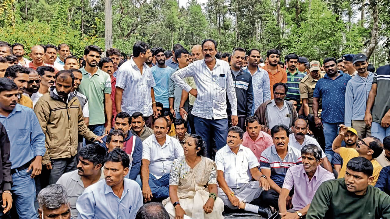 <div class="paragraphs"><p>Mudigere MLA Nayana Motamma tries to pacify the agitating villagers who had launched a flash protest against the rising elephant menace after a coffee estate worker was trampled to death by a wild jumbo near Aldur in Chikkamagaluru district on Wednesday. </p></div>