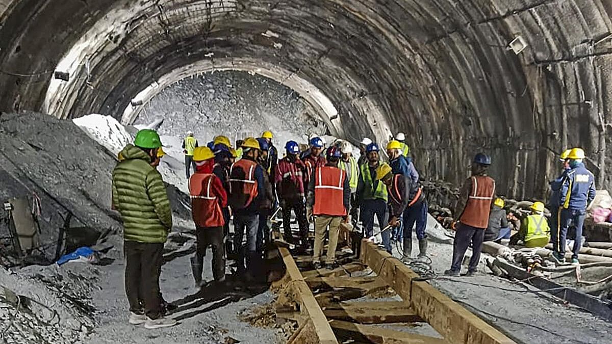 <div class="paragraphs"><p>Rescue and relief operations underway after a portion of a tunnel under construction between Silkyara and Dandalgaon on the Brahmakhal-Yamunotri national highway collapsed, in Uttarkashi district, Tuesday, Nov. 14, 2023.</p></div>