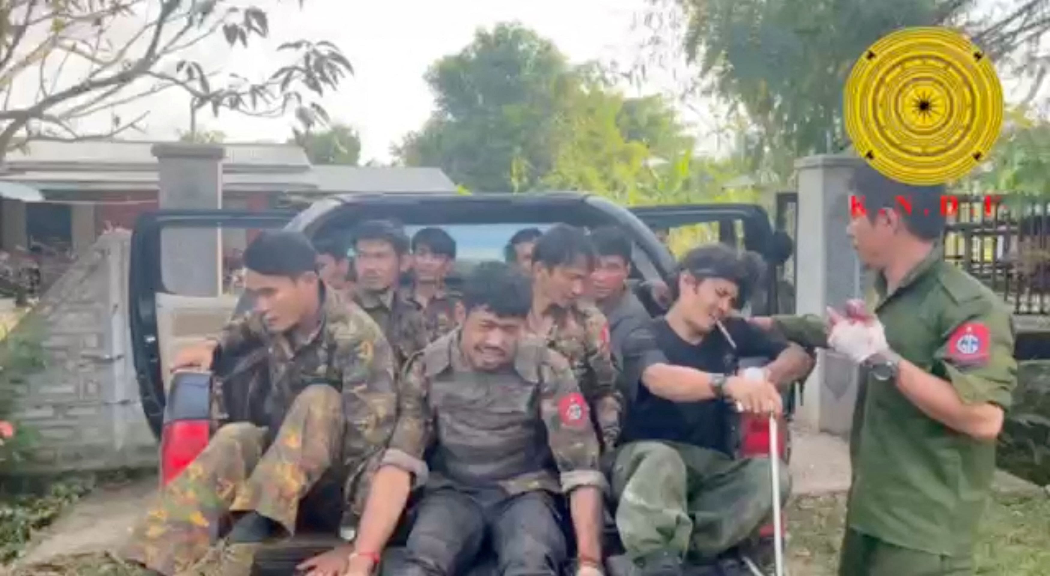 <div class="paragraphs"><p>Myanmar military soldiers who have surrendered to the Karenni Nationalities Defense Force ride in the back of a vehicle in Loikaw, Myanmar, in this still image taken from video released November 15, 2023.     Karenni Nationalities.</p></div>