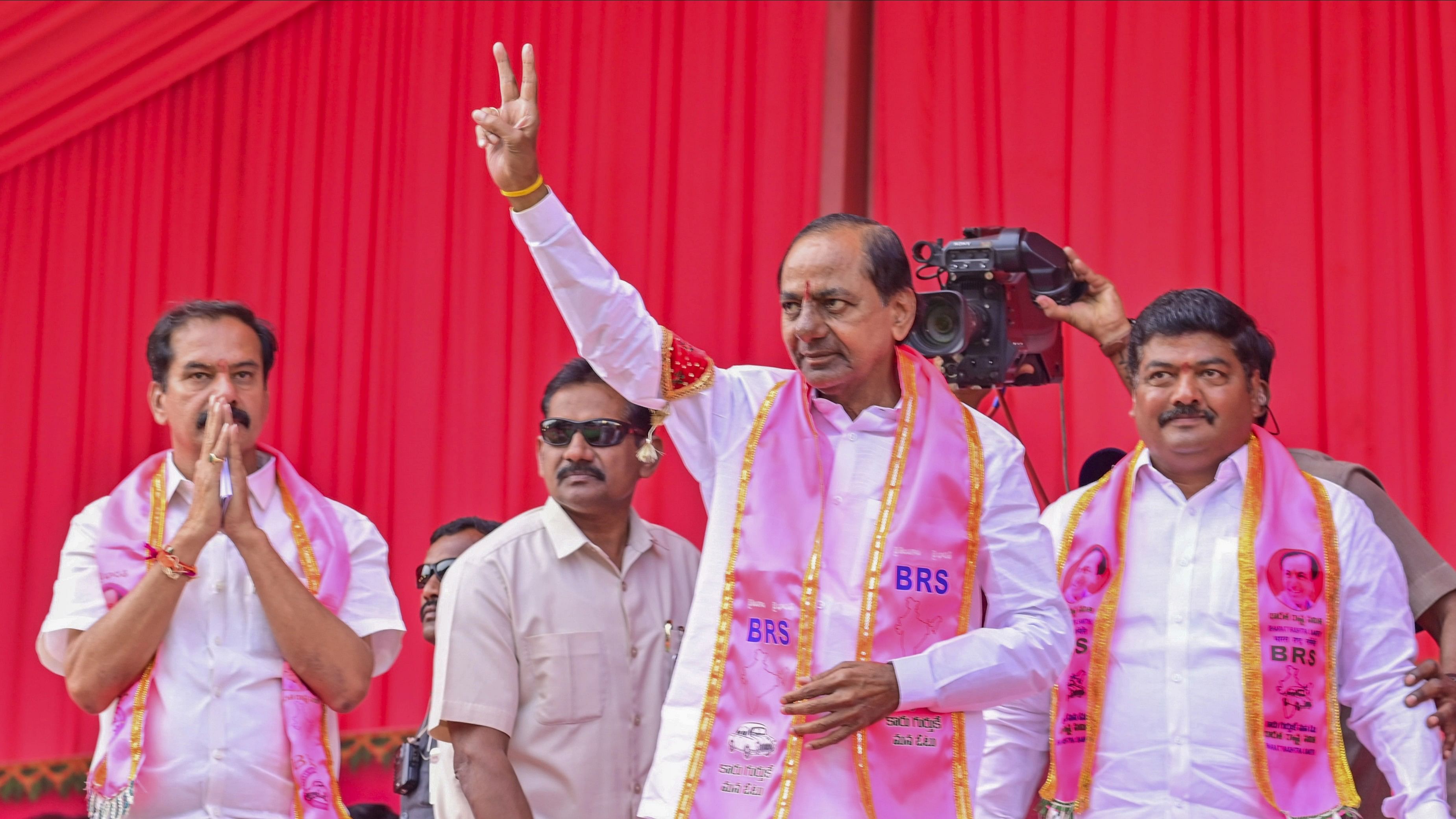 <div class="paragraphs"><p>BRS president and Telangana Chief Minister K Chandrashekar Rao during 'Praja Ashirvada Sabha' ahead of the state Assembly election, in Gajwel, Tuesday, Nov. 28, 2023. </p></div>