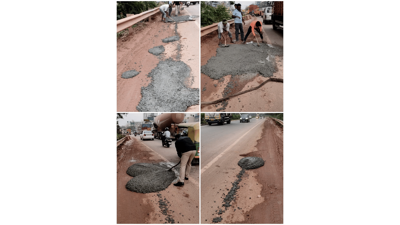 <div class="paragraphs"><p>KR Puram traffic cops filling the potholes. </p></div>