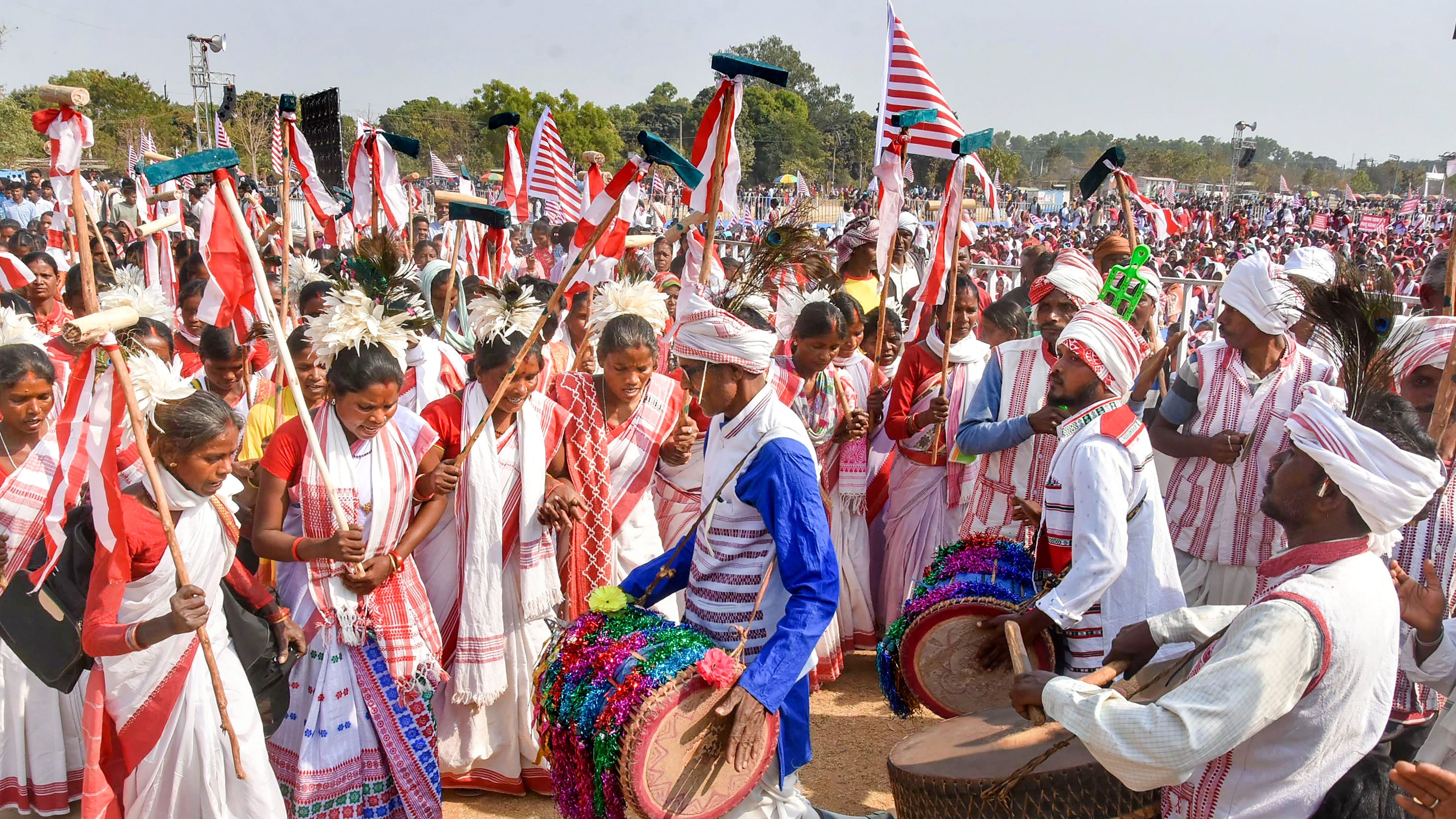 <div class="paragraphs"><p>People from the Sarna community play traditional drums during a protest demanding recognition of the 'Sarna' religion, in Ranchi, Thursday, Feb. 16, 2023.</p></div>