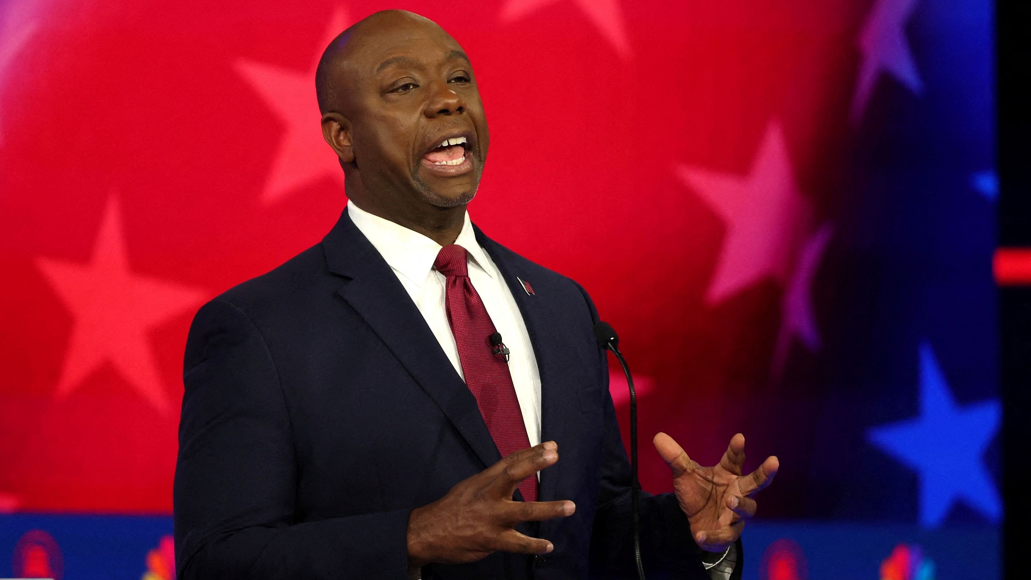 <div class="paragraphs"><p>US Senator Tim Scott  speaks at the third Republican candidates' U.S. presidential debate of the 2024 U.S. presidential campaign hosted by NBC News at the Adrienne Arsht Center for the Performing Arts in Miami, Florida, U.S., November 8, 2023.</p></div>
