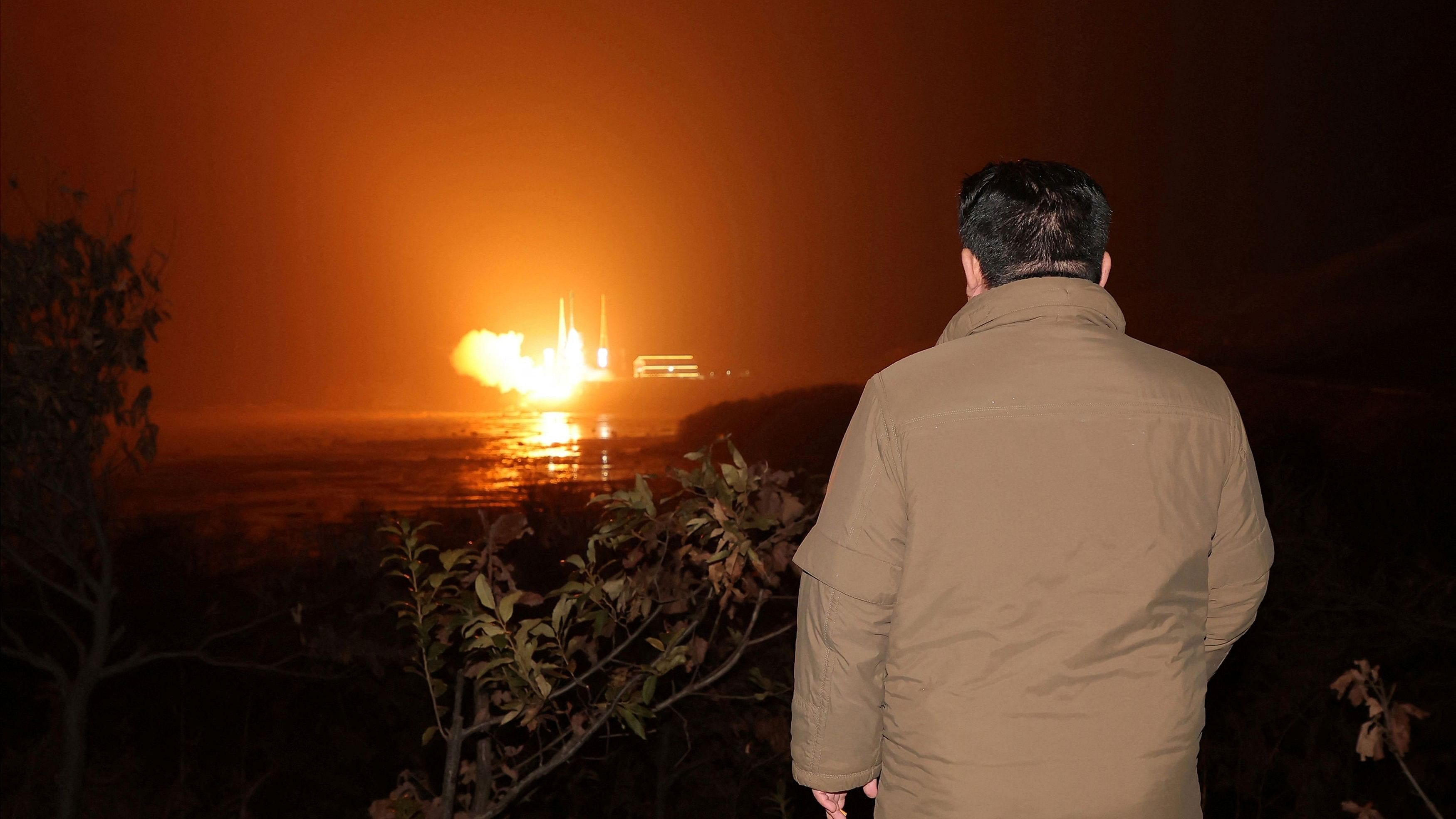 <div class="paragraphs"><p>North Korean leader Kim Jong Un looks on as a rocket carrying a spy satellite Malligyong-1 is launched, as North Korean government claims, in a location given as North Gyeongsang Province, North Korea in this handout picture obtained by Reuters on November 21, 2023.  </p></div>