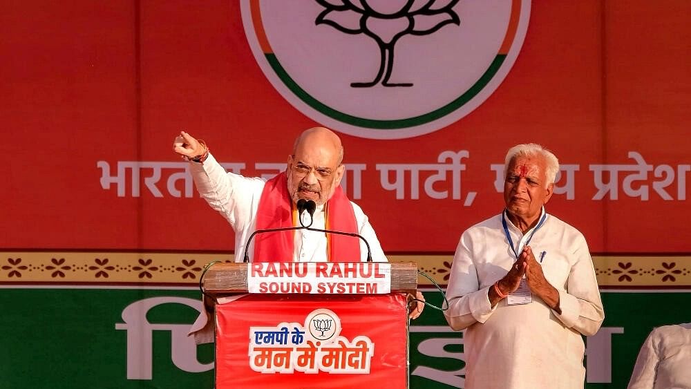 <div class="paragraphs"><p>Union Home Minister Amit Shah addresses during a public meeting ahead of Madhya Pradesh Assembly elections, at Chanderi assembly constituency in Ashoknagar district.</p></div>