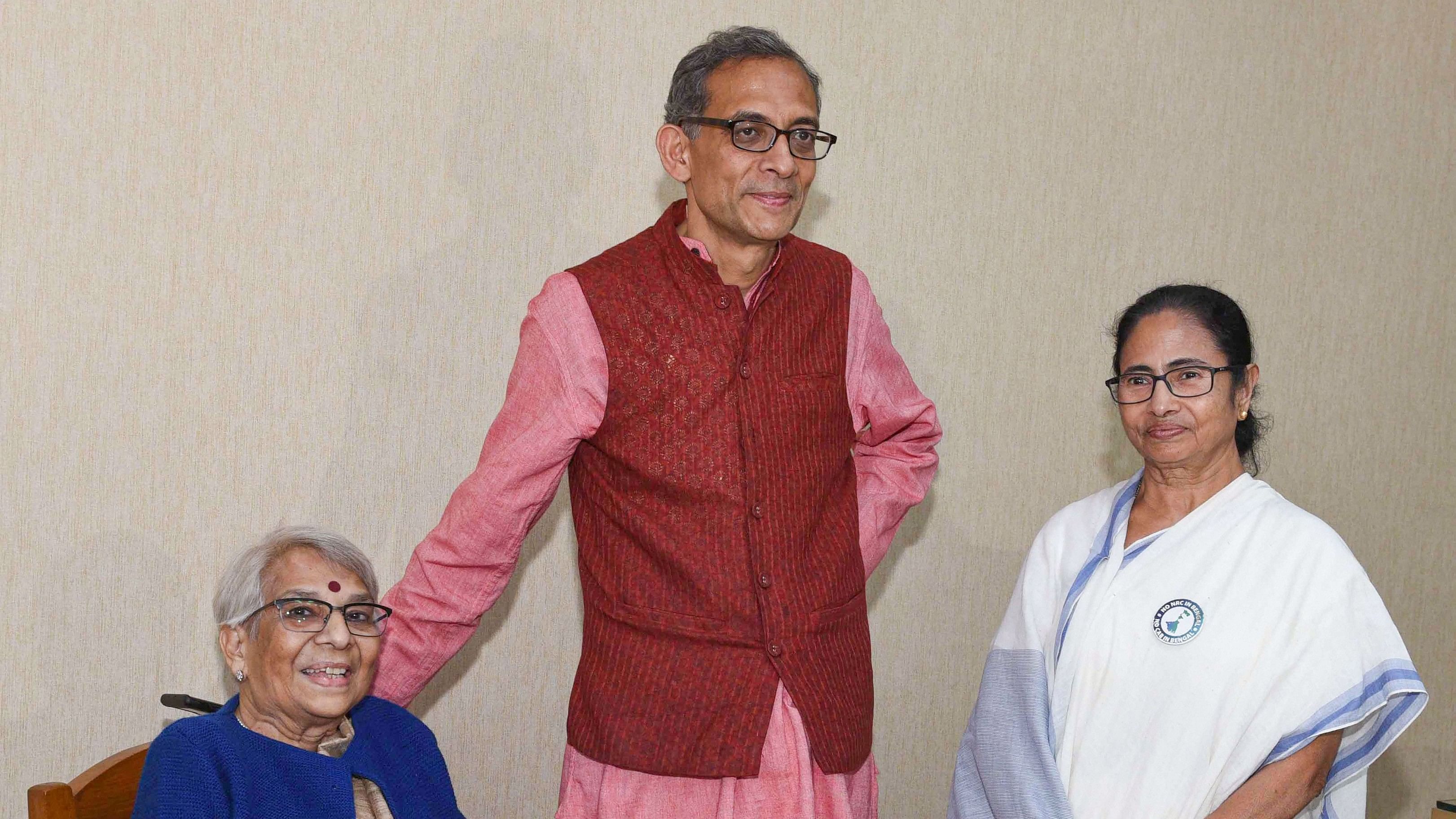<div class="paragraphs"><p>File photo of Bengal CM with Nobel laureate and economist Abhijit Banerjee and his mother Nirmala Banerjee. </p></div>