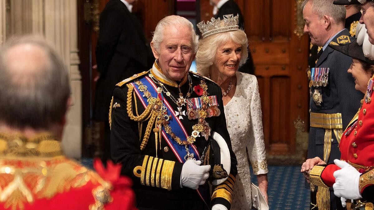 <div class="paragraphs"><p>Britain's King Charles and Britain's Queen Camilla attend the State Opening of Parliament in the House of Lords Chamber, in London.</p></div>