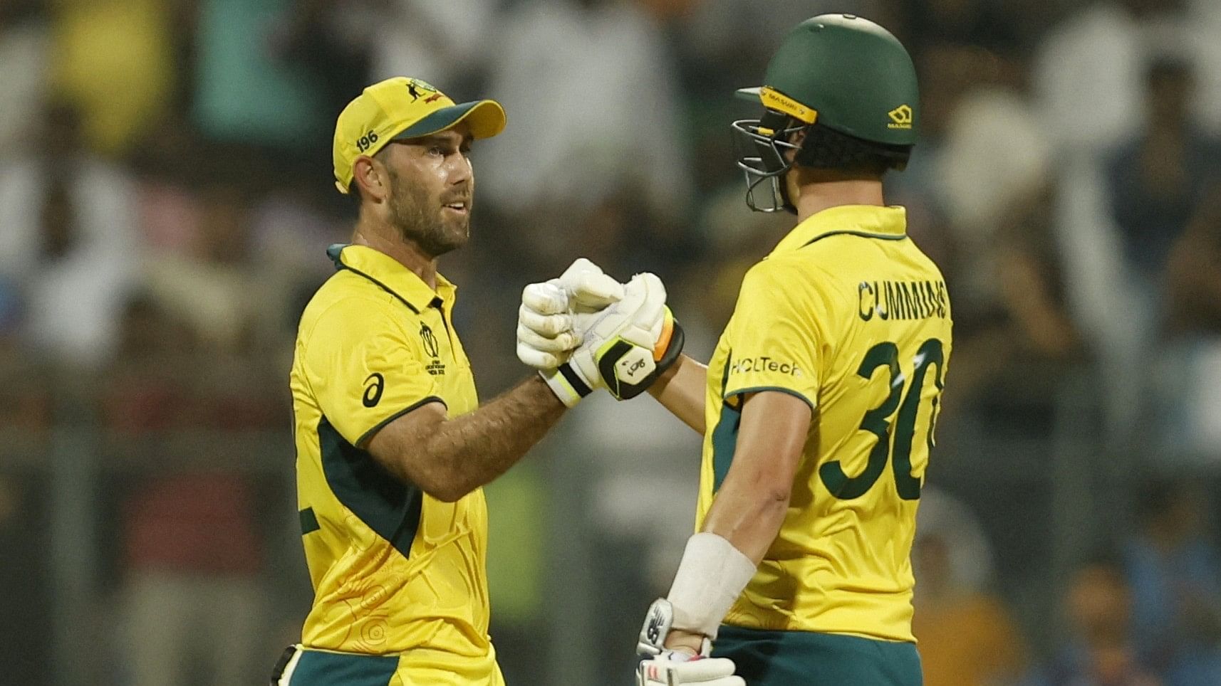 <div class="paragraphs"><p> Glenn Maxwell (201*) and Pat Cummins (12*) shared an unbeaten 202-run partnership off just 170 balls to carry Australia to a famous victory at the&nbsp;Wankhede Stadium, Mumbai.&nbsp;</p></div>