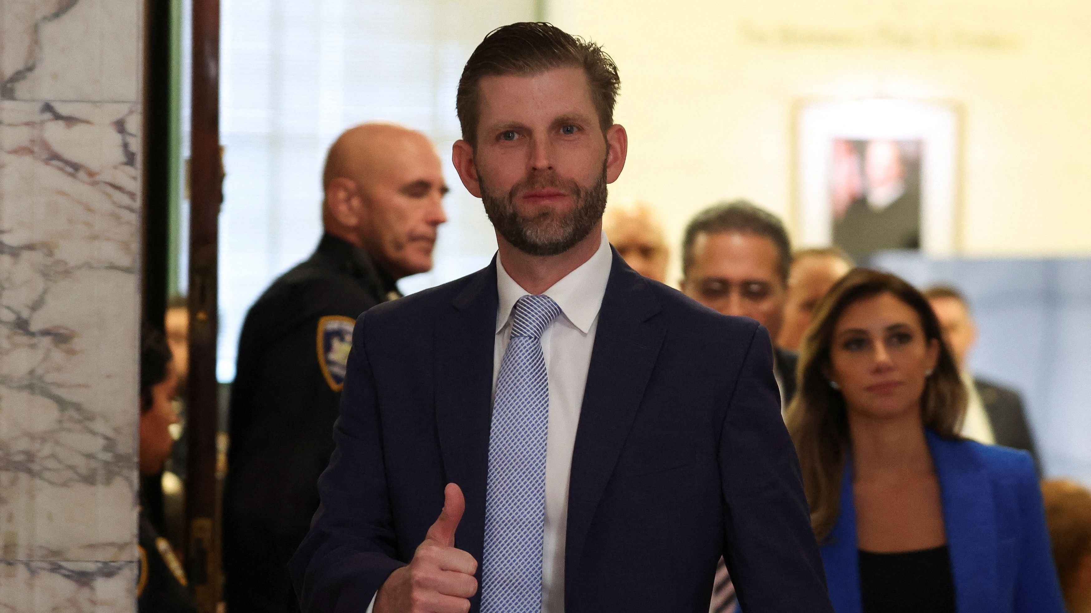 <div class="paragraphs"><p>Former US President Donald Trump's son and co-defendant, Eric Trump gestures as he leaves the courtroom after attending the Trump Organization civil fraud trial, in New York State Supreme Court in the Manhattan.</p></div>