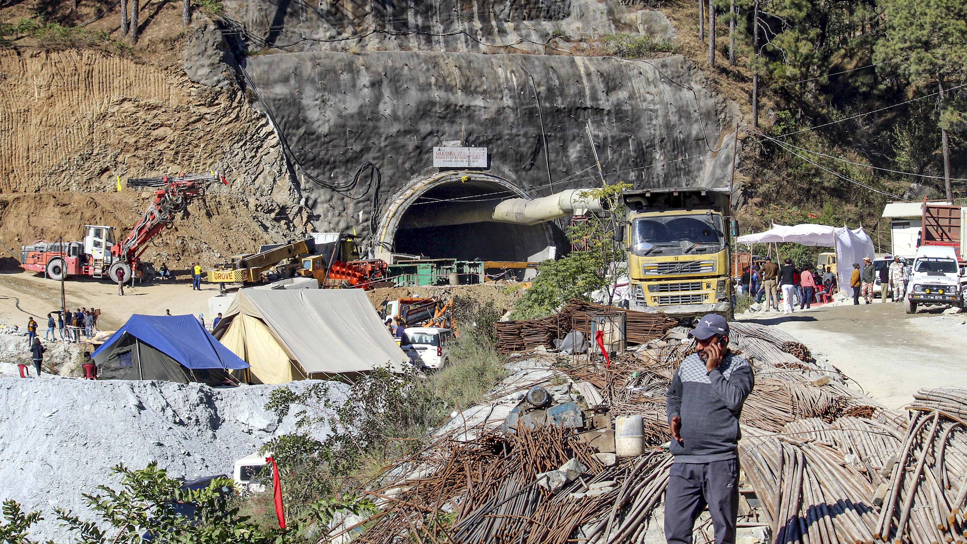 <div class="paragraphs"><p>The under-construction tunnel between Silkyara and Dandalgaon on the Brahmakhal-Yamunotri national highway, days after a portion of the tunnel collapsed trapping several workers inside, in Uttarkashi district, Tuesday, Nov. 21, 2023. </p></div>