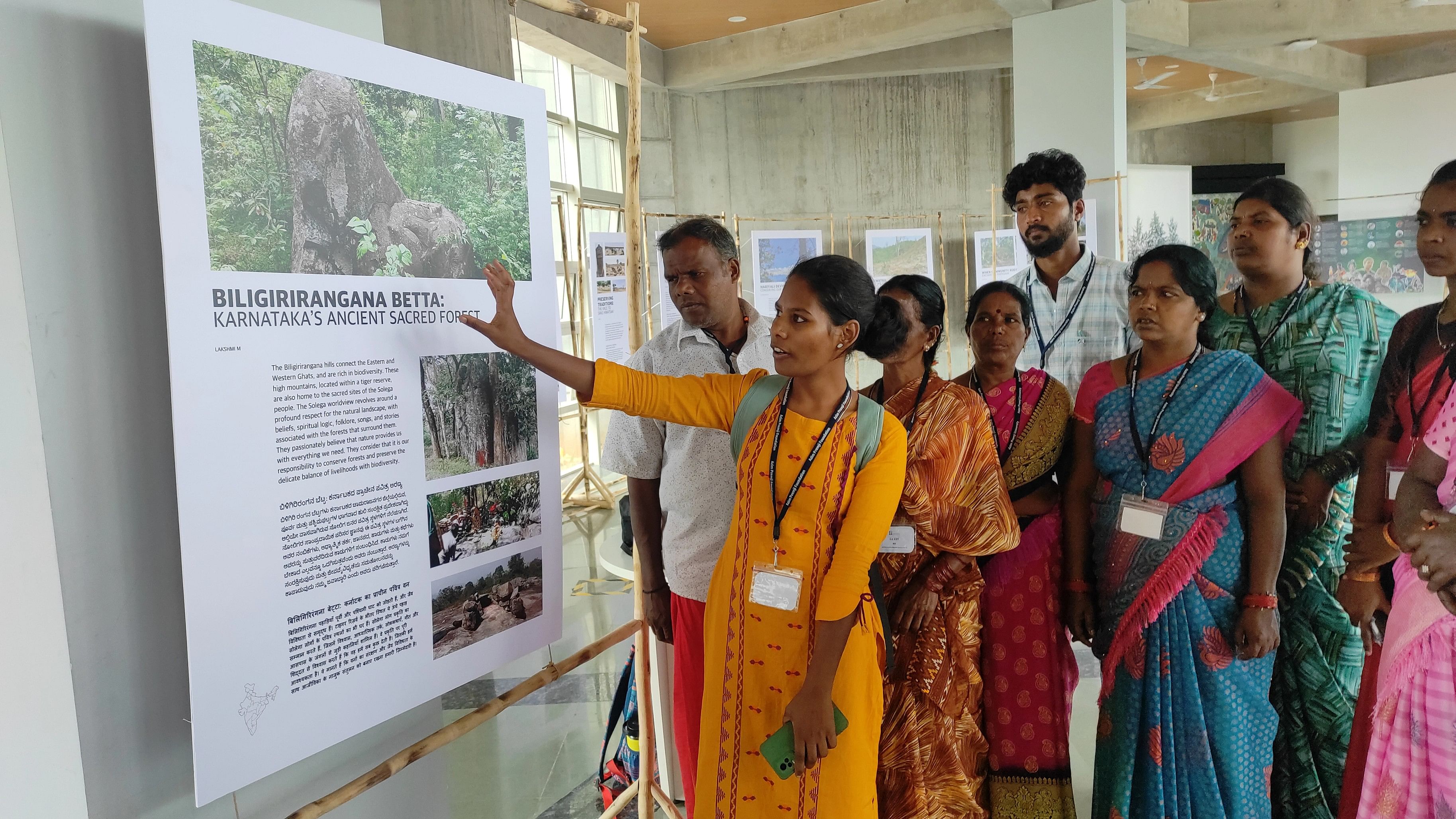 Lakshmi M, an intern from the BRT Tiger Reserve, speaks about the intricate relationship between the Soliga community and the forest at the 'Forests of Life' festival at Azim Premji University in Bengaluru on Friday.