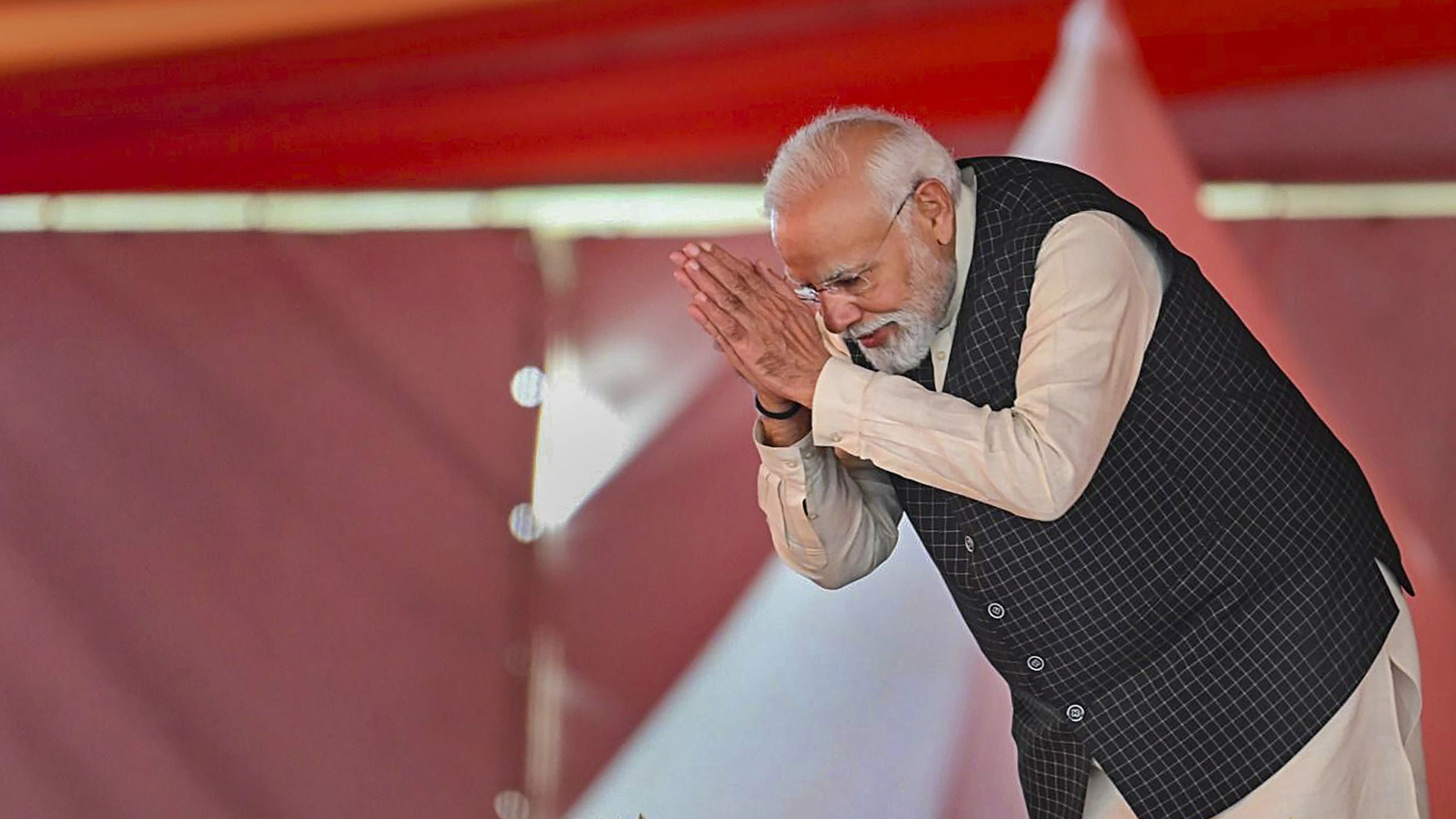 <div class="paragraphs"><p>Prime Minister Narendra Modi during a 'Vijay Sankalp Maharally' ahead of the Chhattisgarh Assembly elections, in Mungeli district, Monday, Nov. 13, 2023. </p></div>