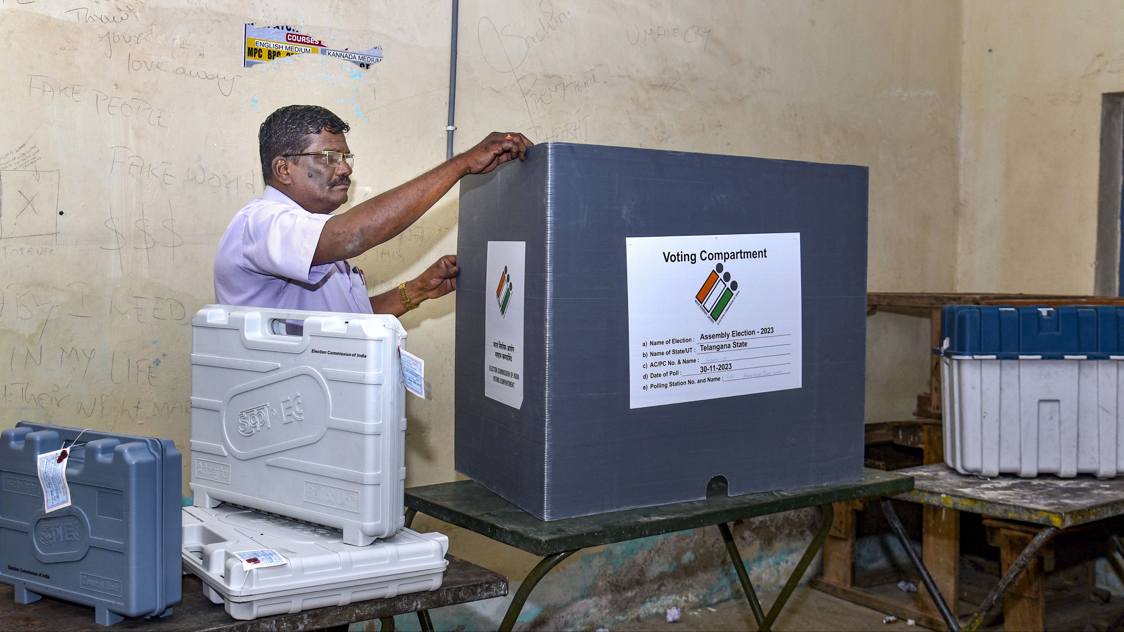 <div class="paragraphs"><p>Hyderabad: An election official arranges equipment at a polling station on the eve of the Telangana Assembly election, in Hyderabad</p></div>